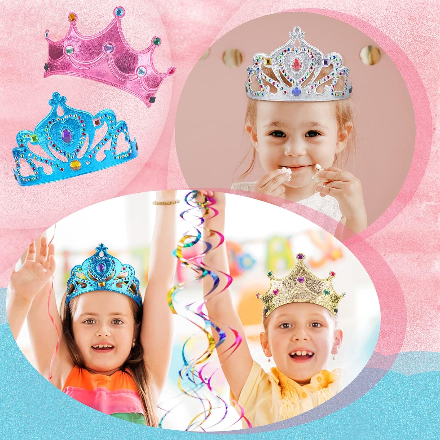 FLMRIOY Juego de 17 coronas de fiesta de princesa, suministros de fiesta para niños, kit de fabricación de tiaras con calcomanías de diamante para