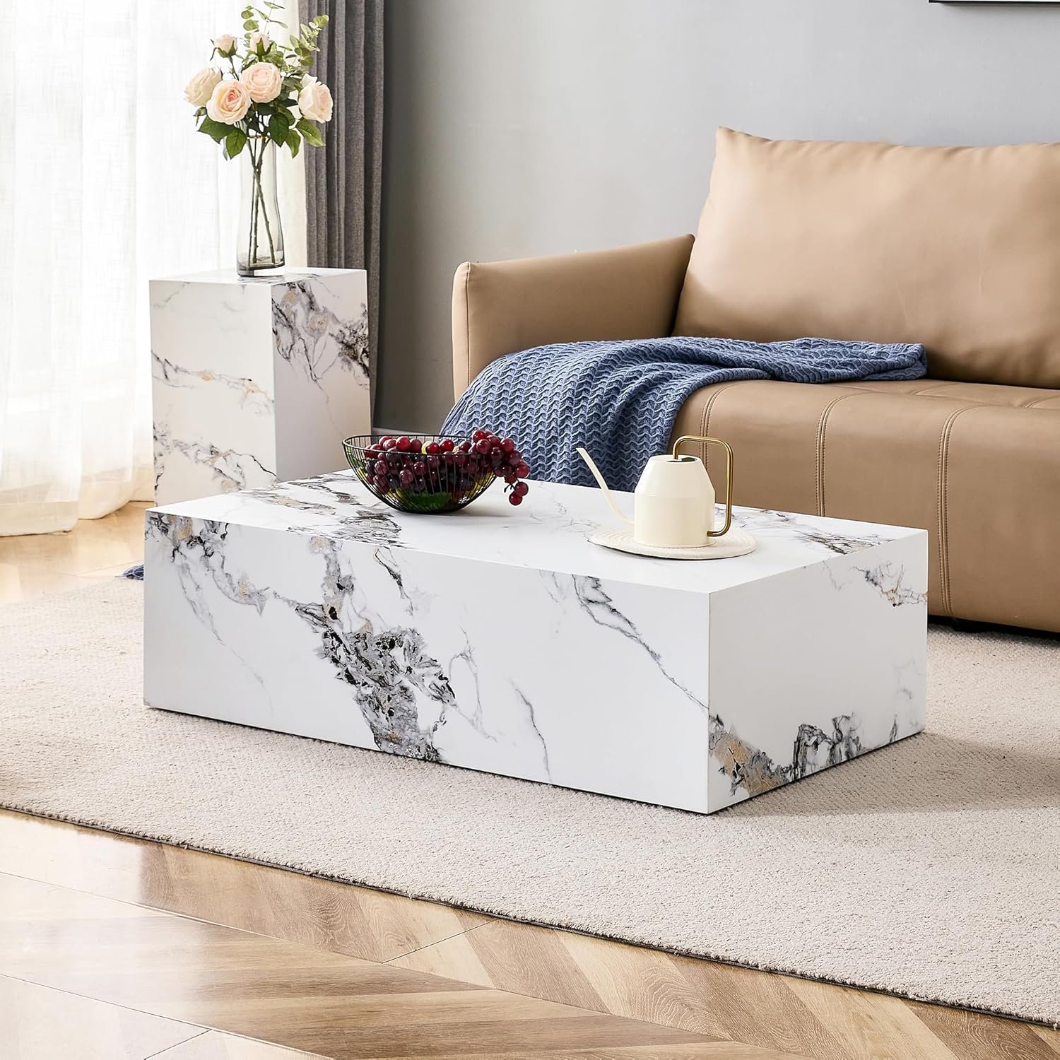 Mesa de centro moderna de mármol, mesa central rectangular de madera con patrón de mármol para sala de estar, mesa de cóctel contemporánea para el