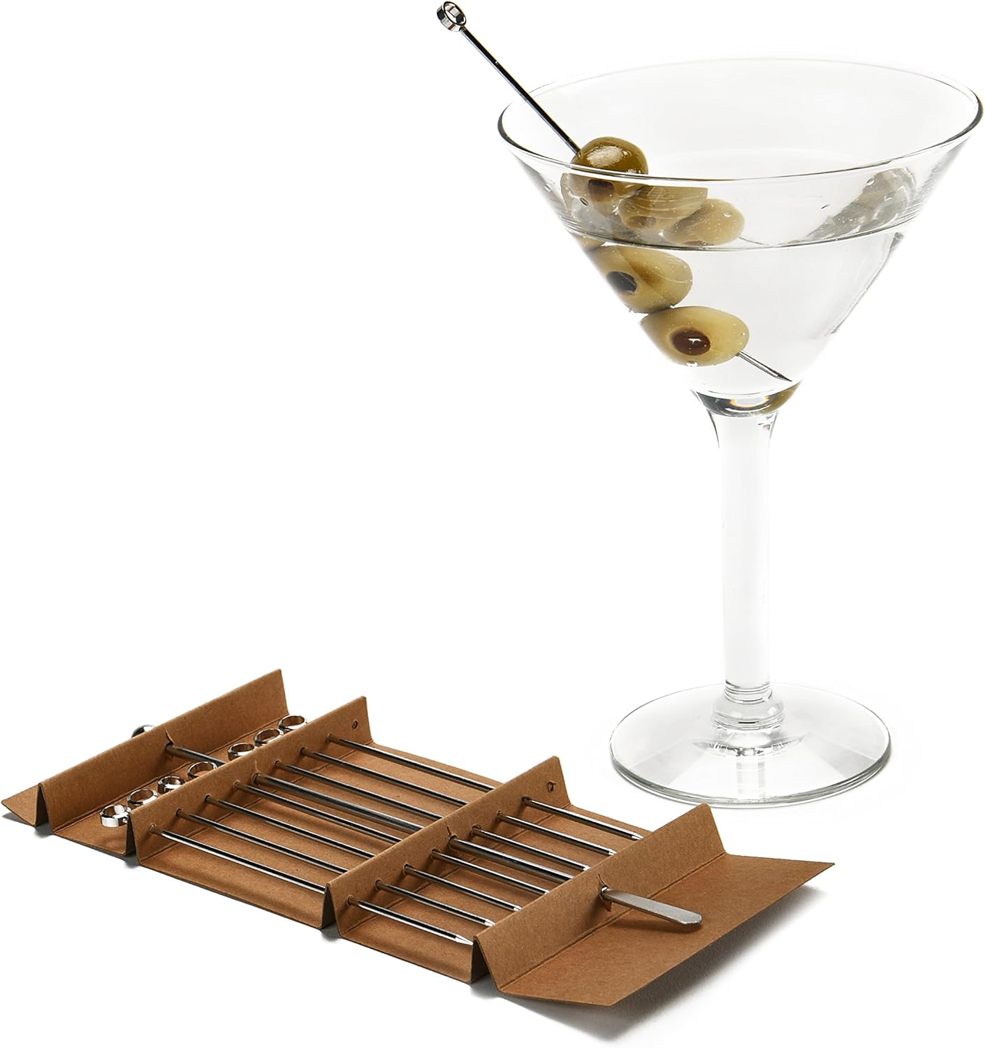 Zenlogy Púas de acero inoxidable de 5 pulgadas (juego de 8) y Swizzle Stick – Brochetas de oliva ideales – No se ahogarán en tus Martinis, cócteles