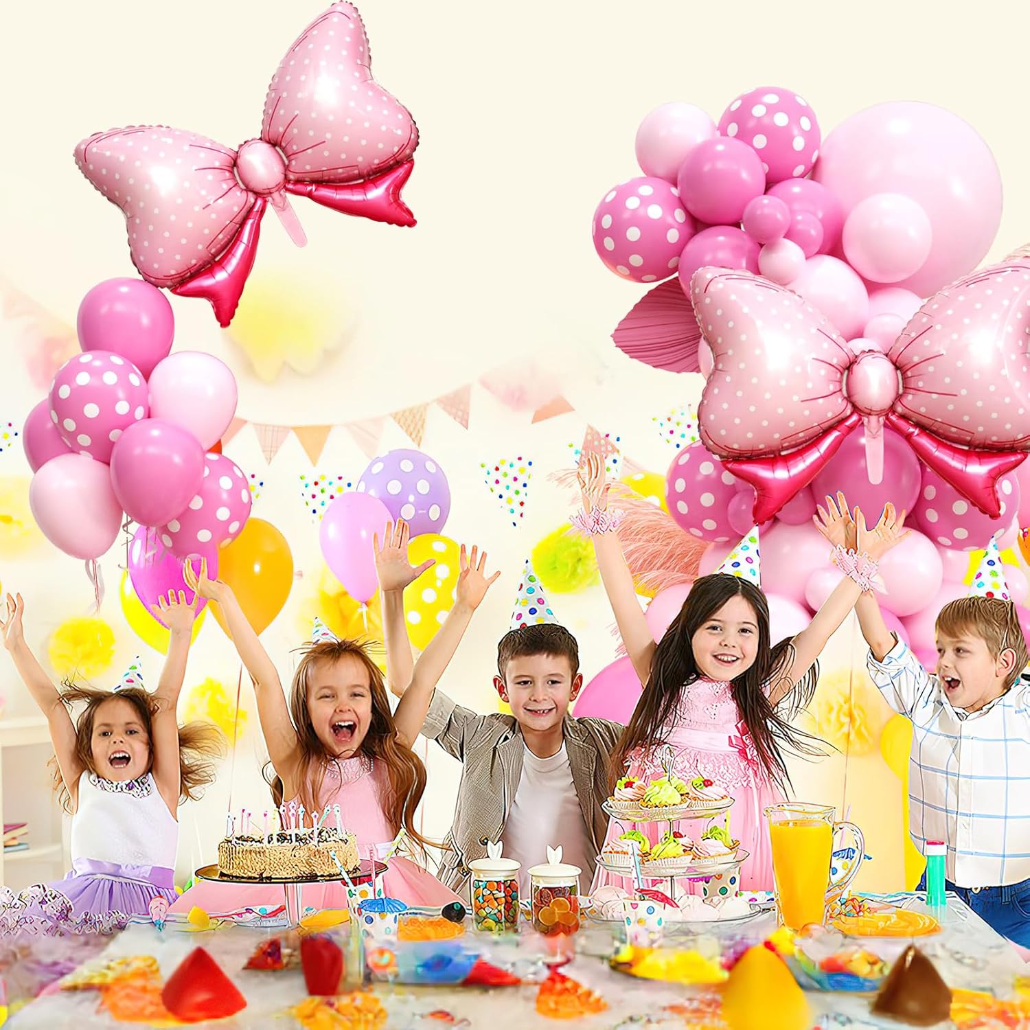 Decoraciones de cumpleaños de ratón rosa, kit de guirnalda de arco de globo de ratón rosa con pajarita rosa, lunares rosa intenso para niñas,