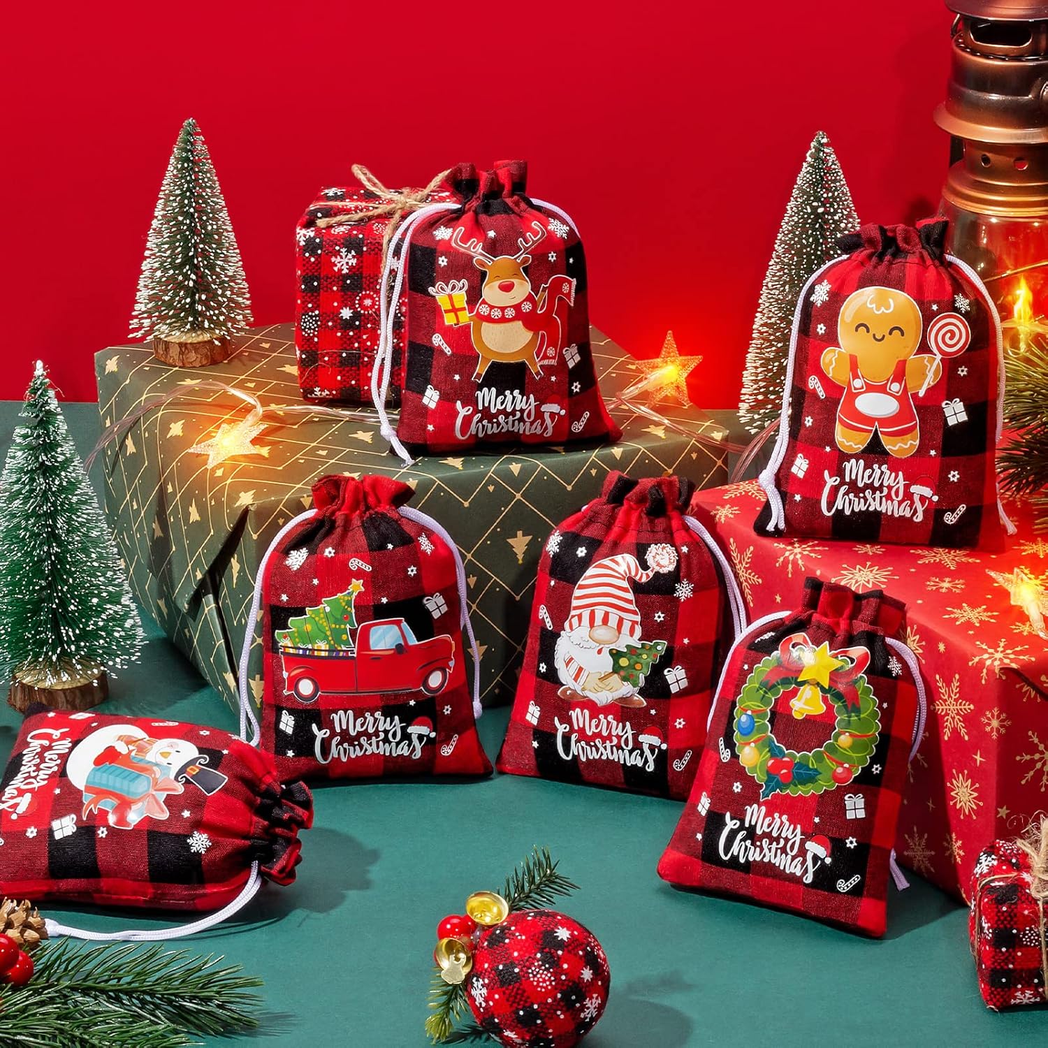 72 bolsas de arpillera con cordón de Navidad, bolsas de regalo de Navidad a cuadros, bolsas de arpillera para dulces de Navidad, pequeñas bolsas de