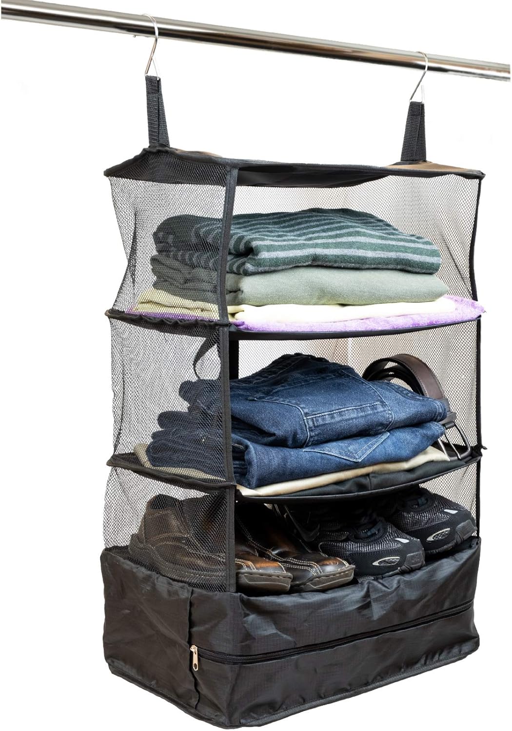 Organizador de almacenamiento colgante portátil plegable con compartimento con cremallera, perfecto para viajes y embalaje, Negro –