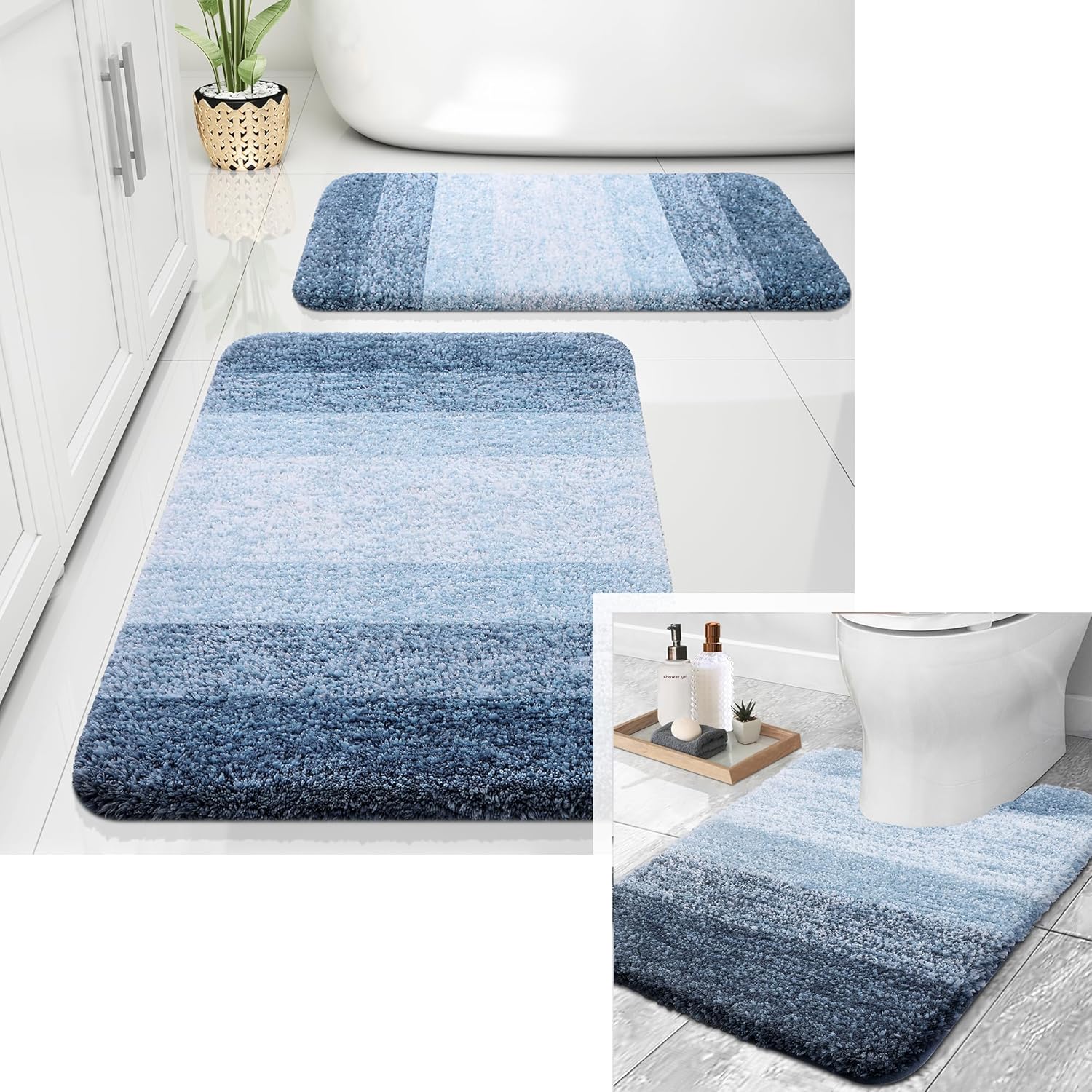 OLANLY Alfombra de baño y aseo en forma de U, tamaño 24 x 20 pulgadas, juego de alfombras de baño de 30 x 20 + 24 x 16 pulgadas, color azul marino,