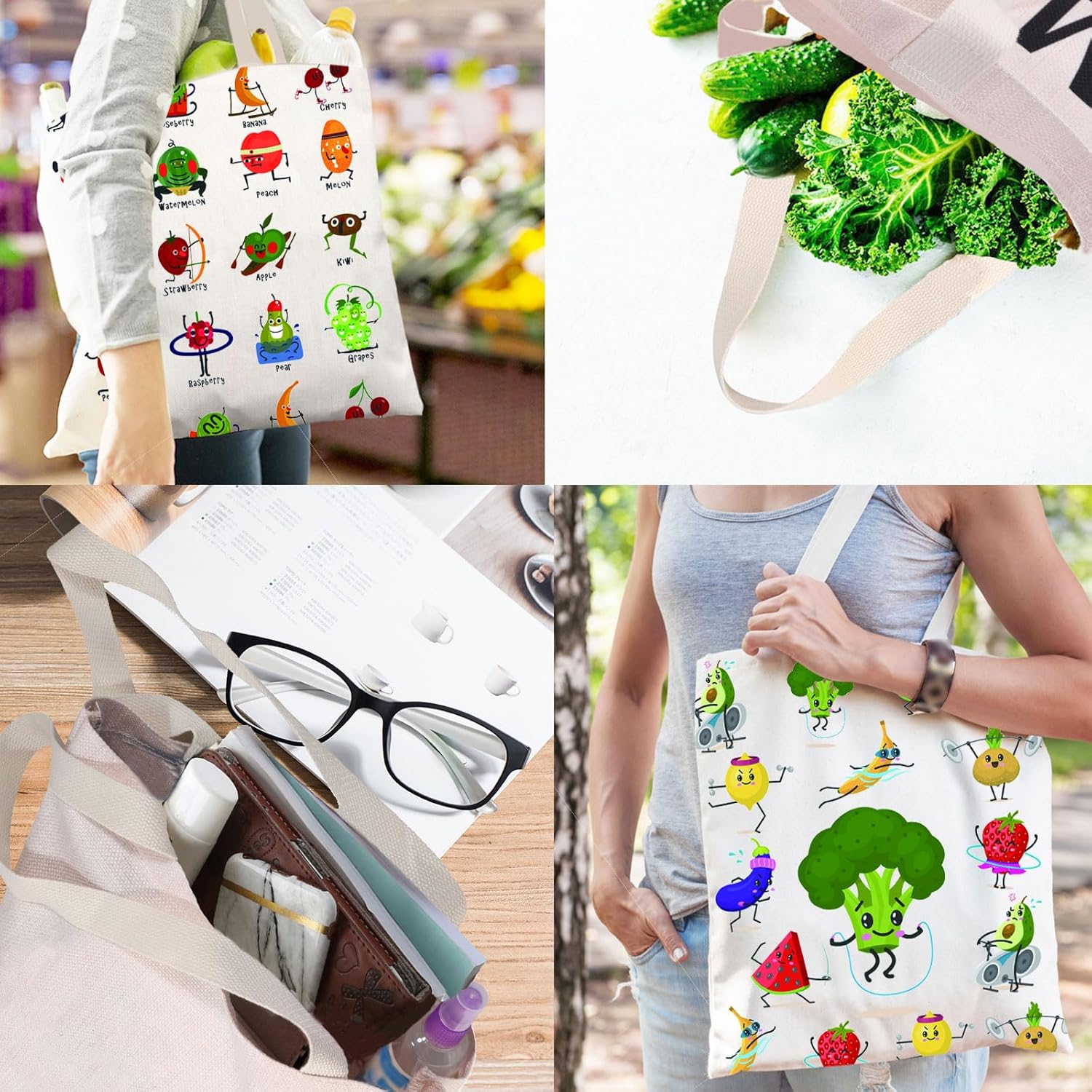Divertida bolsa de lona de frutas y verduras para mujeres, bolsa de mano con estampado de vegetales, bolsa de comestibles reutilizable, regalo de
