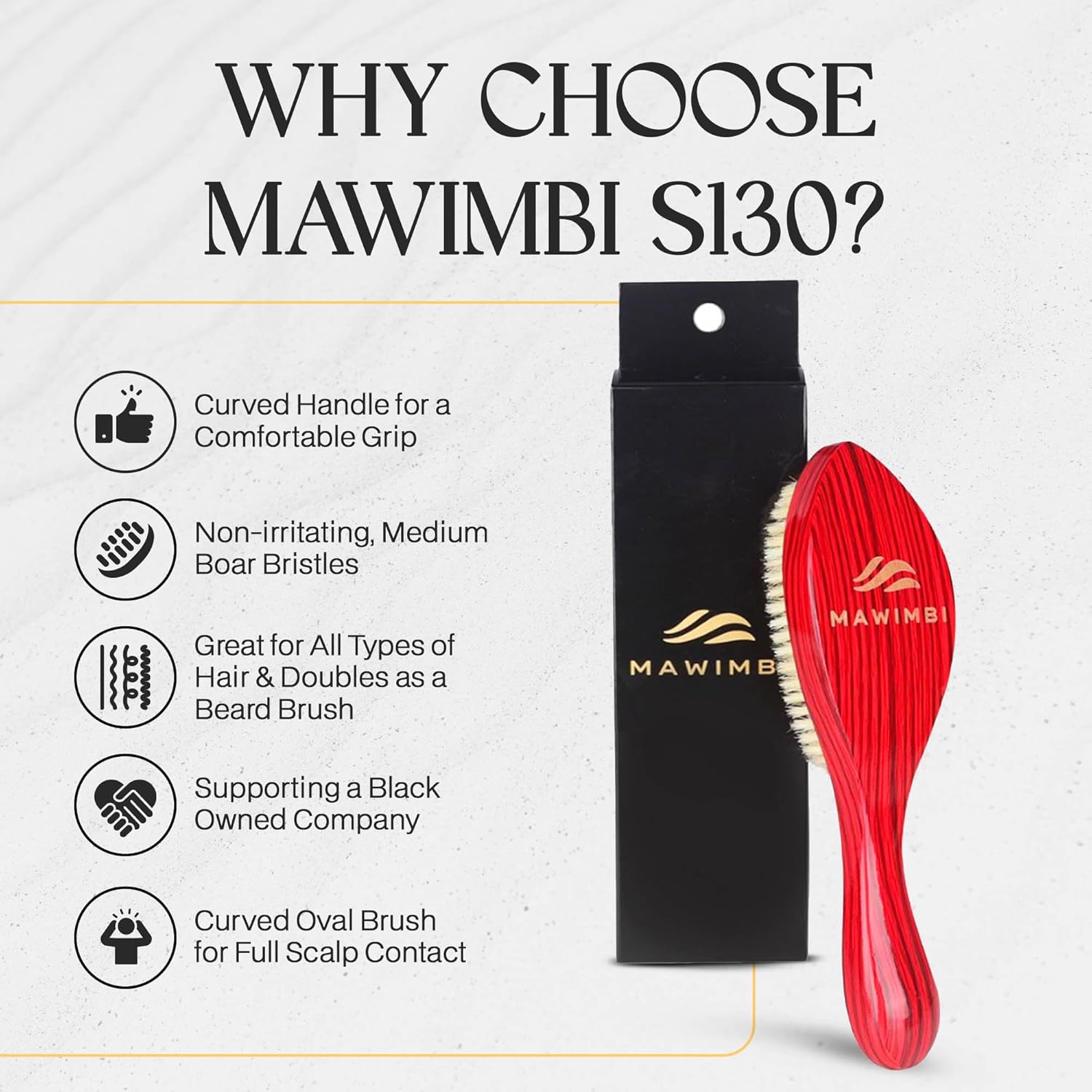 Mawimbi S130 – Cepillo curvo de ondas 360, cepillo de cerdas de jabalí de fuerza media, cepillo versátil para cabello texturizado, semi-grueso, liso