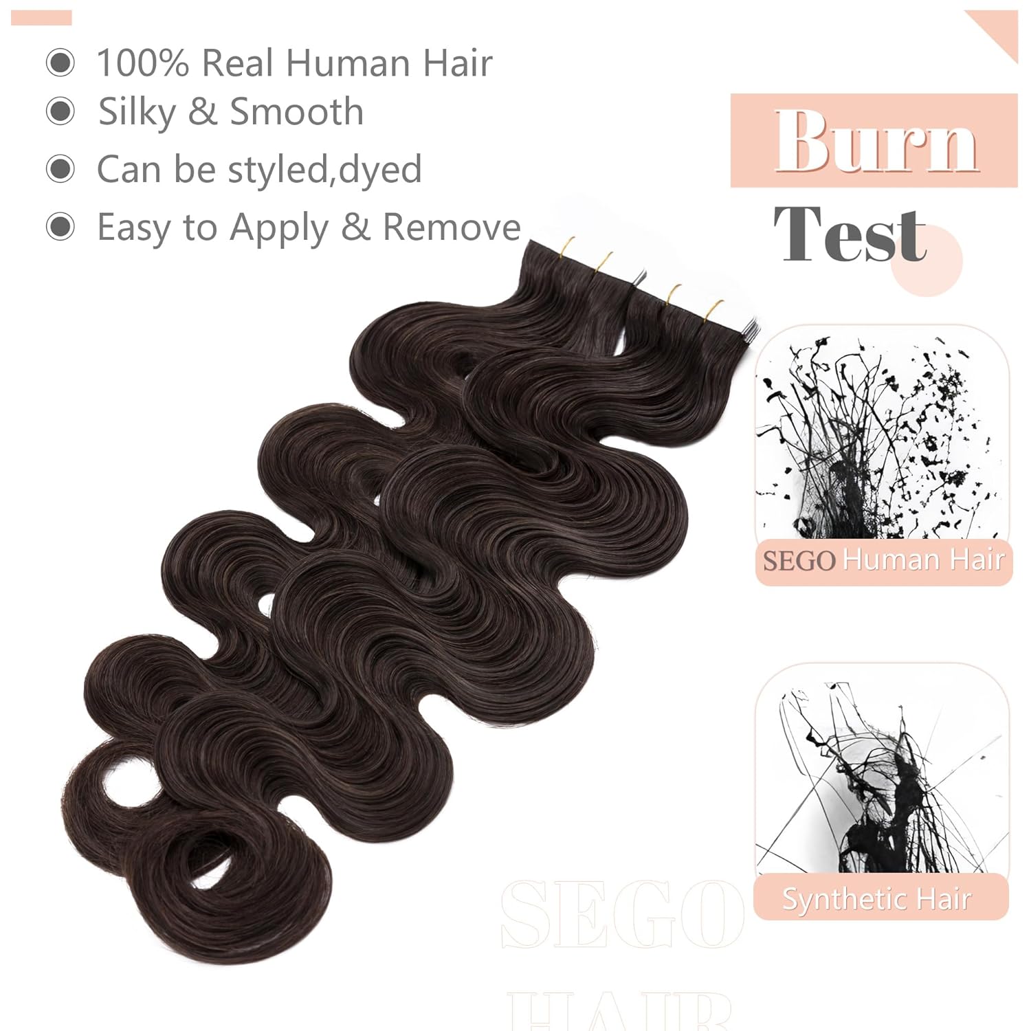 Extensiones de cabello Sego, cabello humano estilo remy, con cinta adhesiva, lacio, cinta adhesiva de entramado tipo piel, sin costuras, invisible y