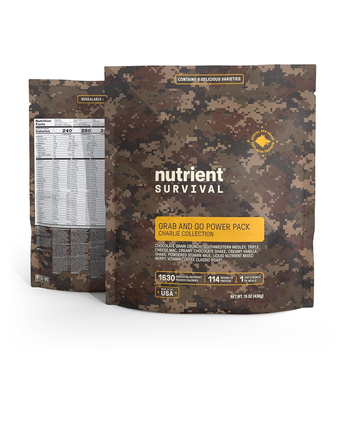 Nutrient Survival MRE Charlie Grab and Go Power Pack (8 porciones empaquetadas individualmente) comidas listas para comer, suministros de