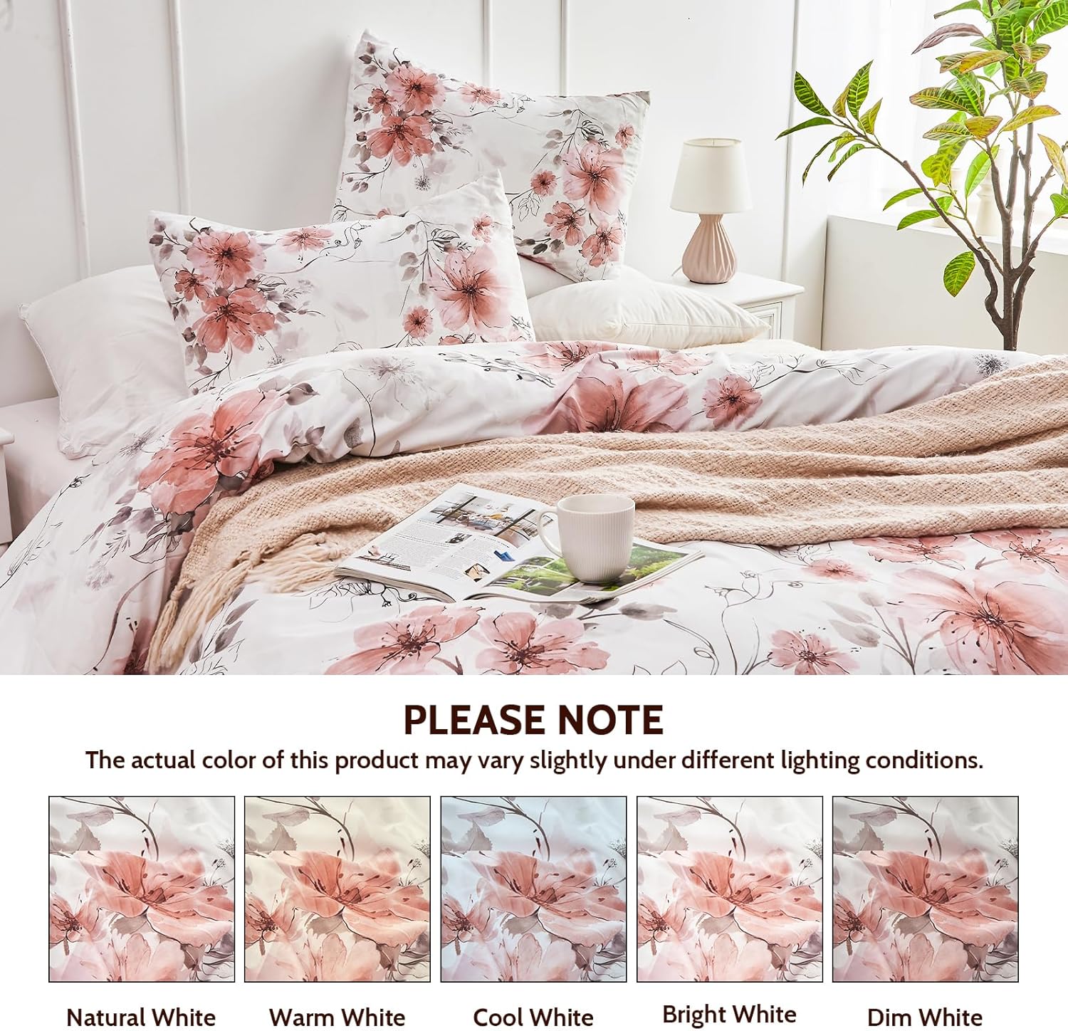 DESIHOM Juego de edredón de 3 piezas con estampado floral rosa y 2 fundas de almohada, de microfibra con estampado floral, reversible, transpirable