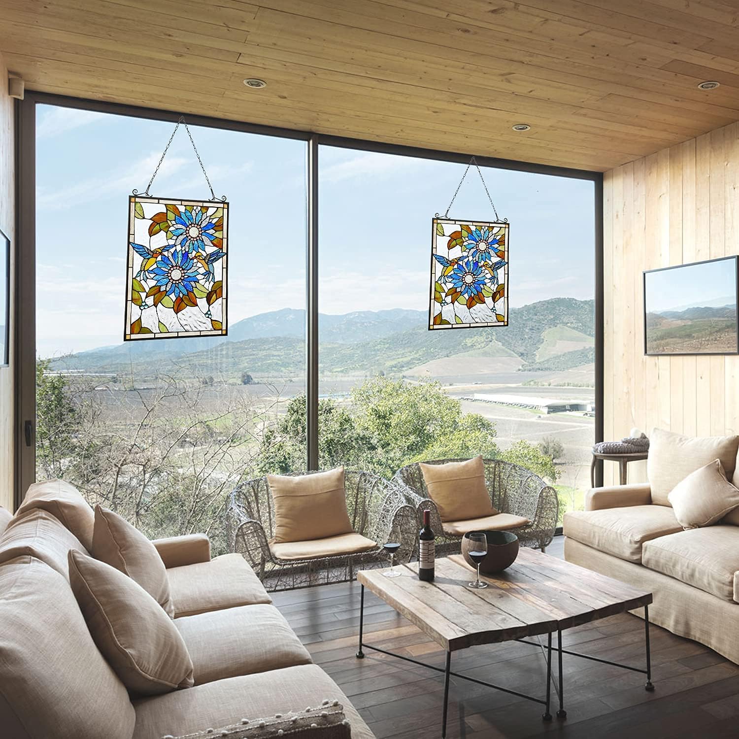 Capulina Paneles de vidrieras para colgar ventanas, girasoles y pájaros, estilo Tiffany, artesanías de arte tradicional para decoración del hogar y