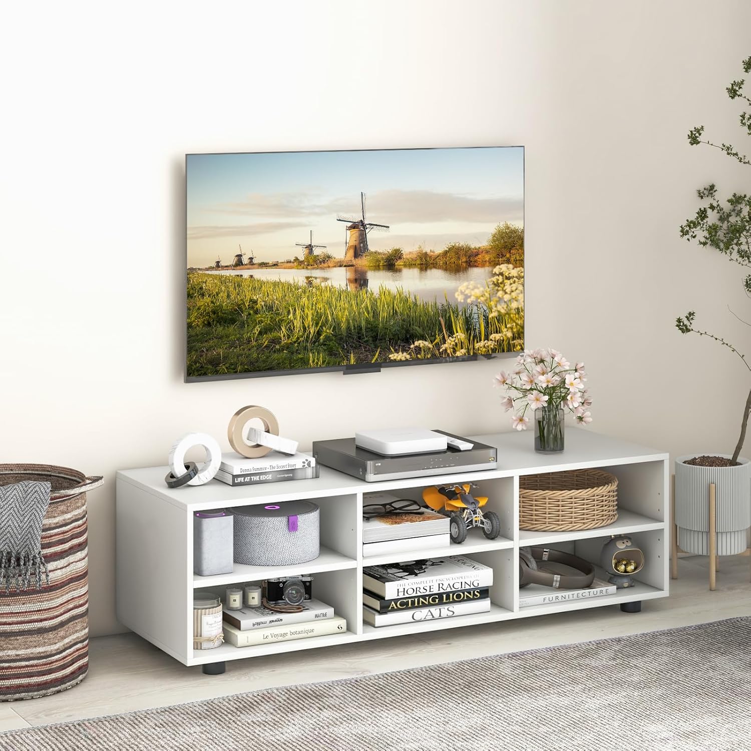Tangkula Soporte de TV blanco para TV de hasta 55 pulgadas, mesa consola de TV con 6 cubículos, estantes ajustables en 5 posiciones, centro de