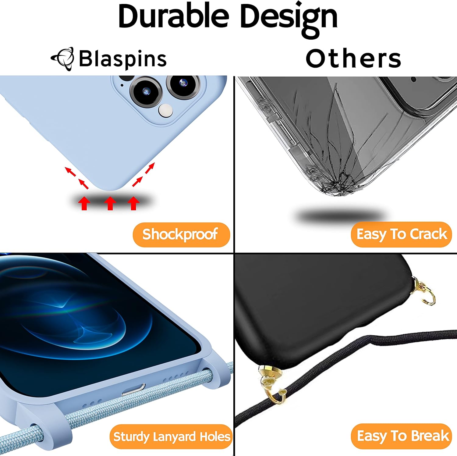 Blaspins Funda de correa cruzada con cordón para iPhone 15 Plus, manos libres, cuello cruzado, cuerda ajustable extraíble, protección contra caídas