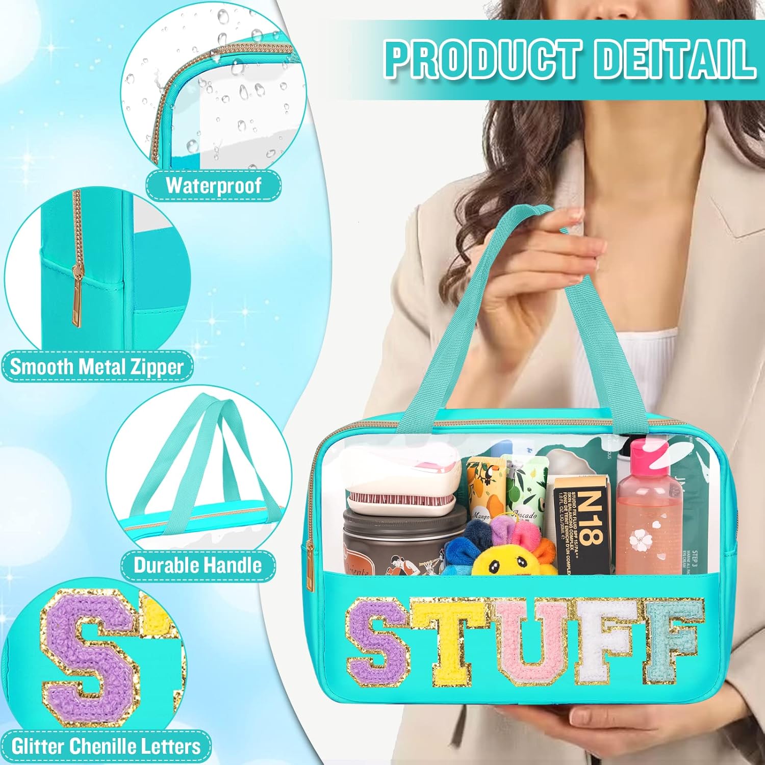 izuzta Bolsas de maquillaje transparentes con letras de chenilla, bolsa de maquillaje preppy con asa, COSA-Verde, Moda