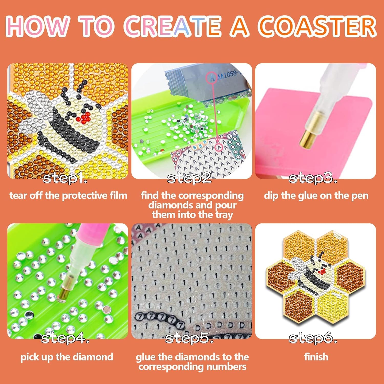 YLOLUL Juego de 10 posavasos de pintura de diamantes en forma de abeja, posavasos de pintura de diamantes con soporte para principiantes, adultos y