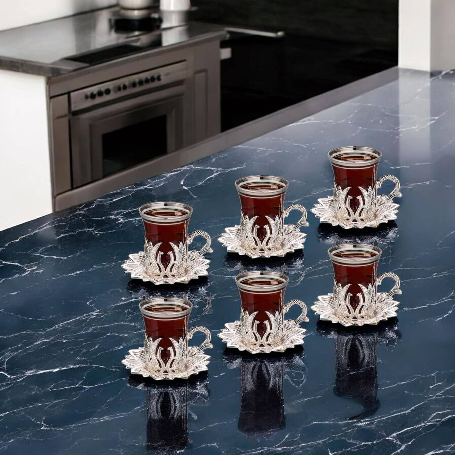 LaModaHome Vasos de té turco vintage hechos a mano con platillo y soportes, tazas otomanas y árabes, juego de 6 para servir, invitados, té, cena,