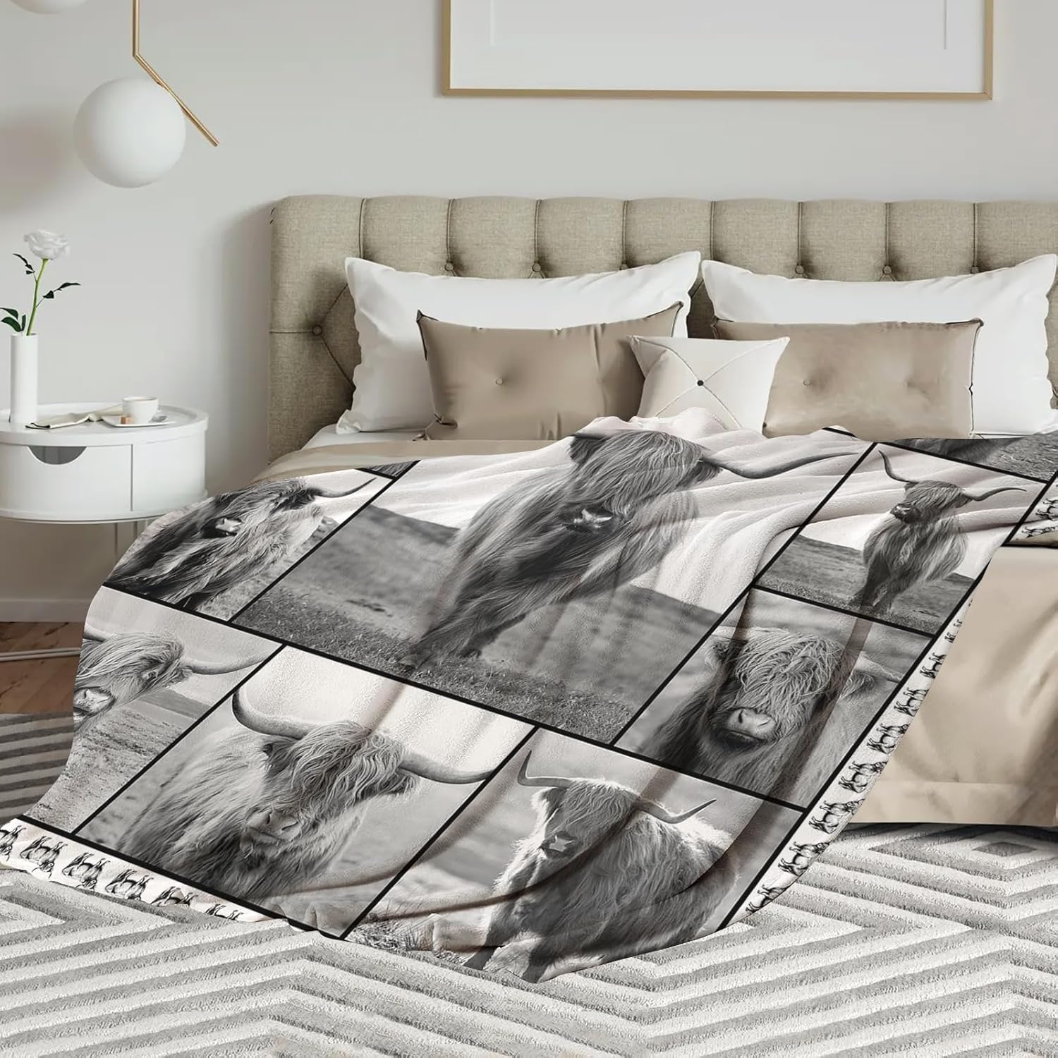 Manta de vaca Highland con cuernos largos, para adultos y niños, manta de felpa de animales de ganado blanco y negro, divertidos regalos de vacas de