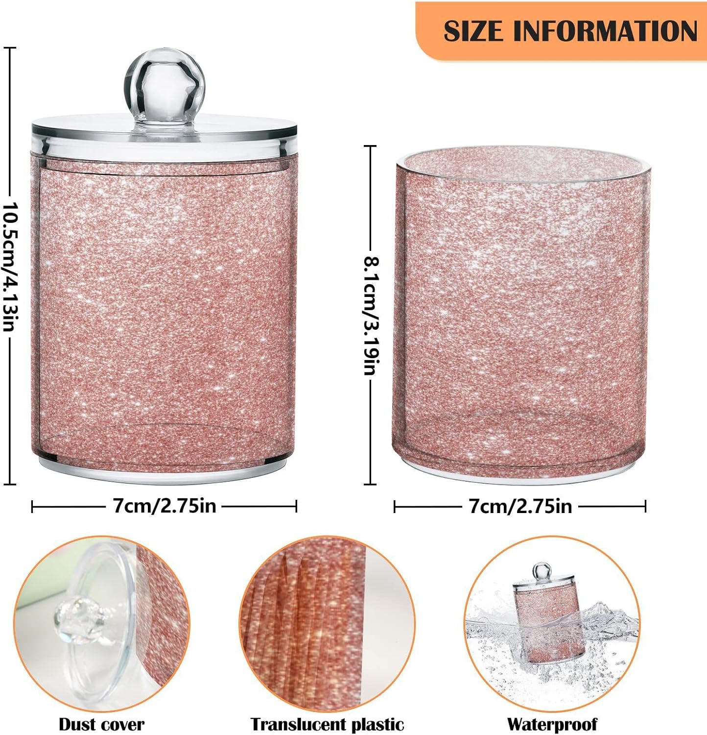 Dispensador de soporte Qtip de oro rosa brillante con tapas, 2 unidades, juego organizador de almacenamiento de baño de 14 onzas, tarros de