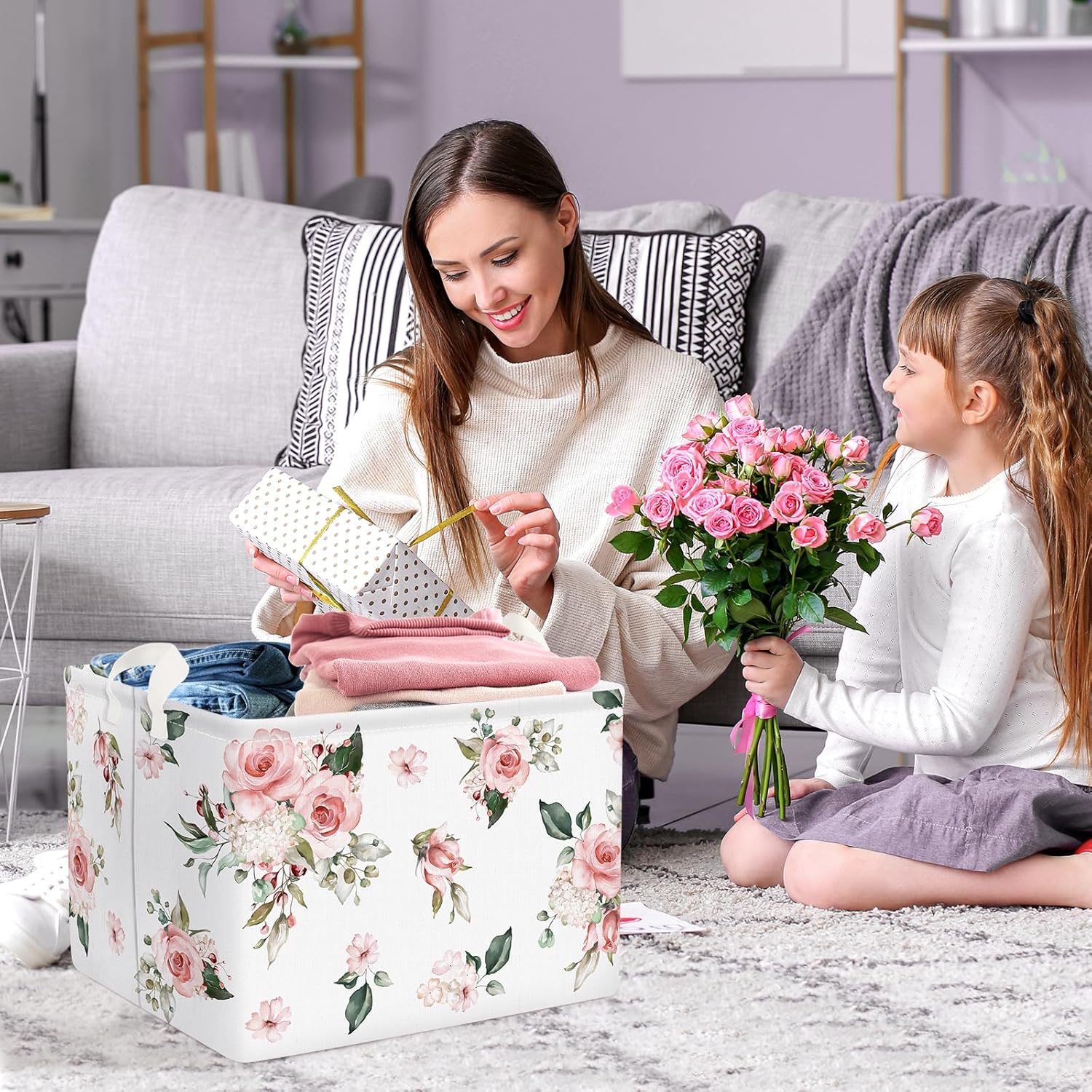 Clastyle Cesta floral rectangular para niña, color rosa, para ropa, juguetes, libros, aperitivos