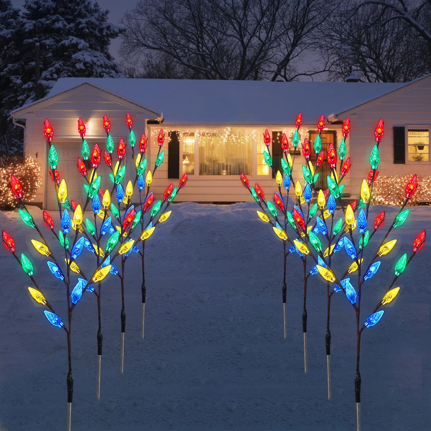Decoraciones de Navidad para exteriores, 4 juegos de luces solares para árbol de Navidad con 80 luces C6 multicolor, adecuadas para árbol de Navidad