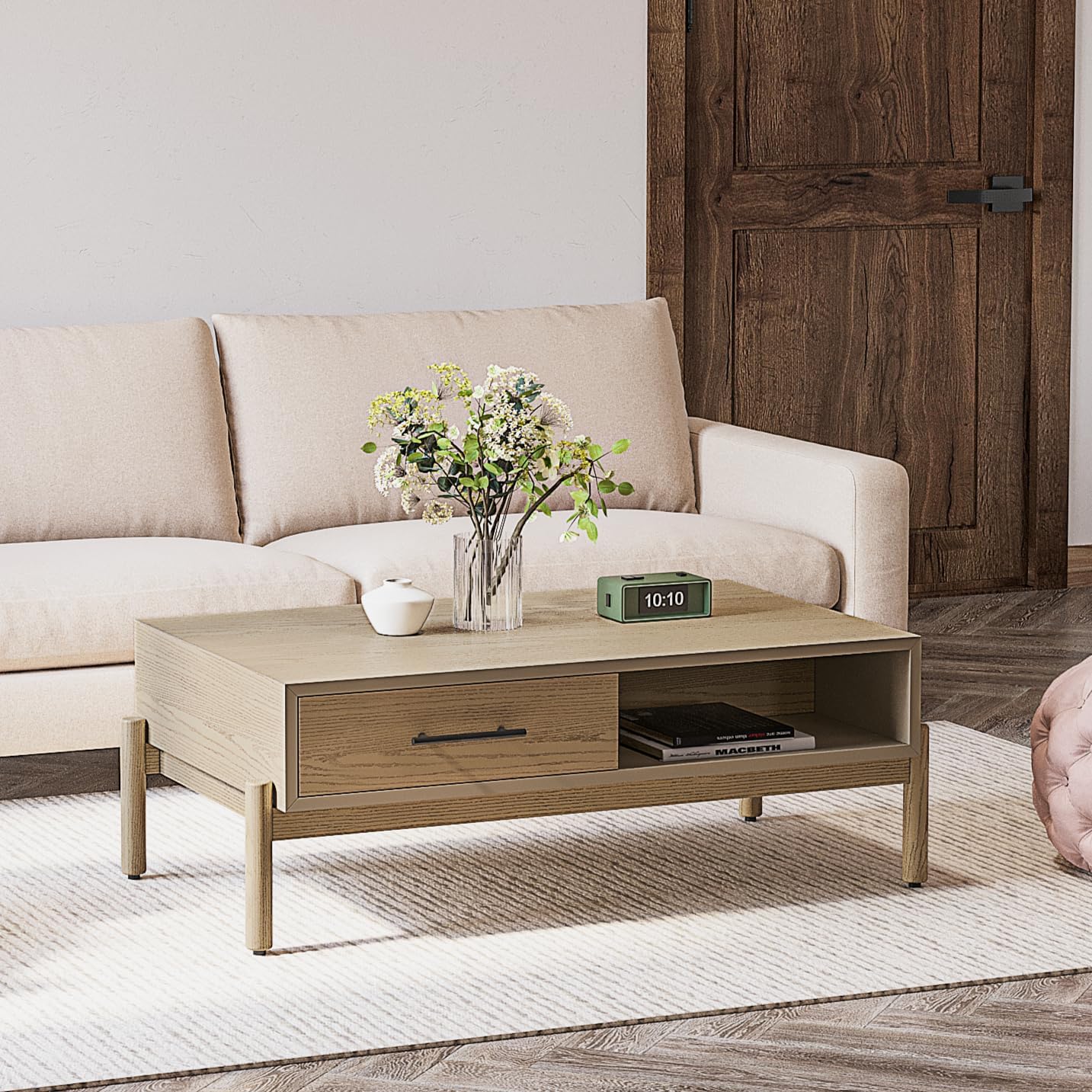 Bme Lyra – Mesa auxiliar rectangular de madera maciza para sala de estar, mesa central moderna de mediados de siglo con almacenamiento, fácil