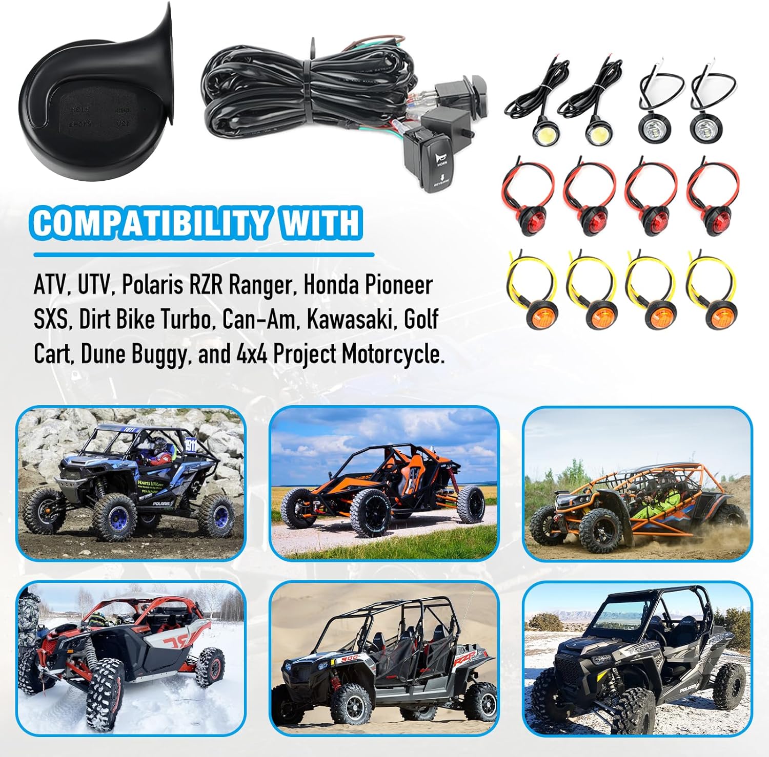 Kit de bocina UTV ATV y kit de señal de giro con interruptor basculante para Polaris RZR Ranger Honda Pioneer SXS Dirt Bike Turbo Can-Am Kawasaki