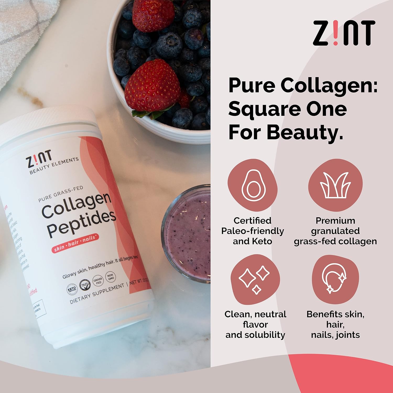 Zint Polvo de péptidos de colágeno certificado Paleo y Keto, hidrolizado de colágeno granulado tipo I y III para una mayor absorción, proteína