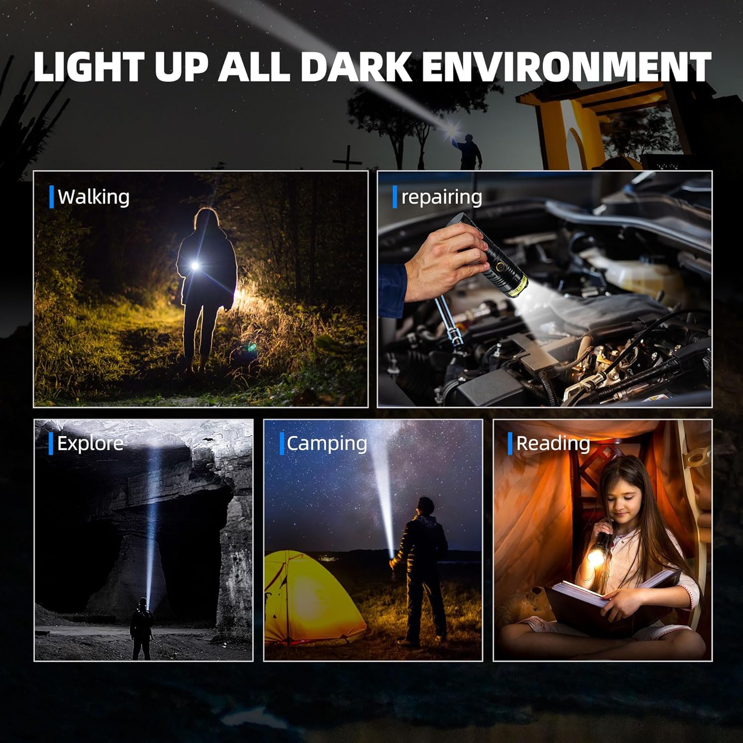 DARKBEAM Linterna LED de alto lúmenes 950000LM súper brillante, linterna táctica de emergencia recargable USB-C potentes, luz de flash enfocable de