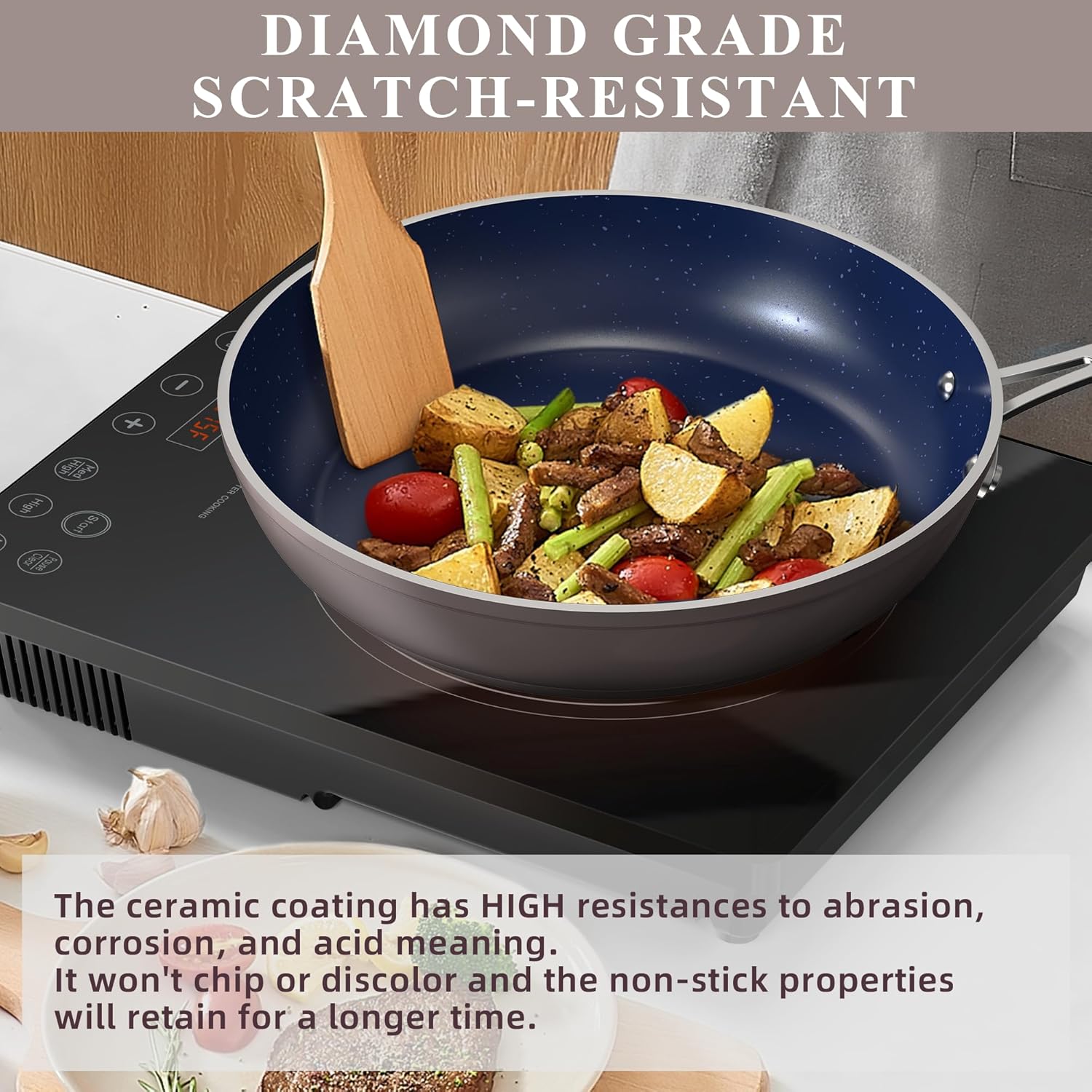 Nuwave Healthy Duralon – Juego de utensilios de cocina con revestimiento antiadherente de cerámica azul, resistente a los arañazos, sin PTFE y PFOA,