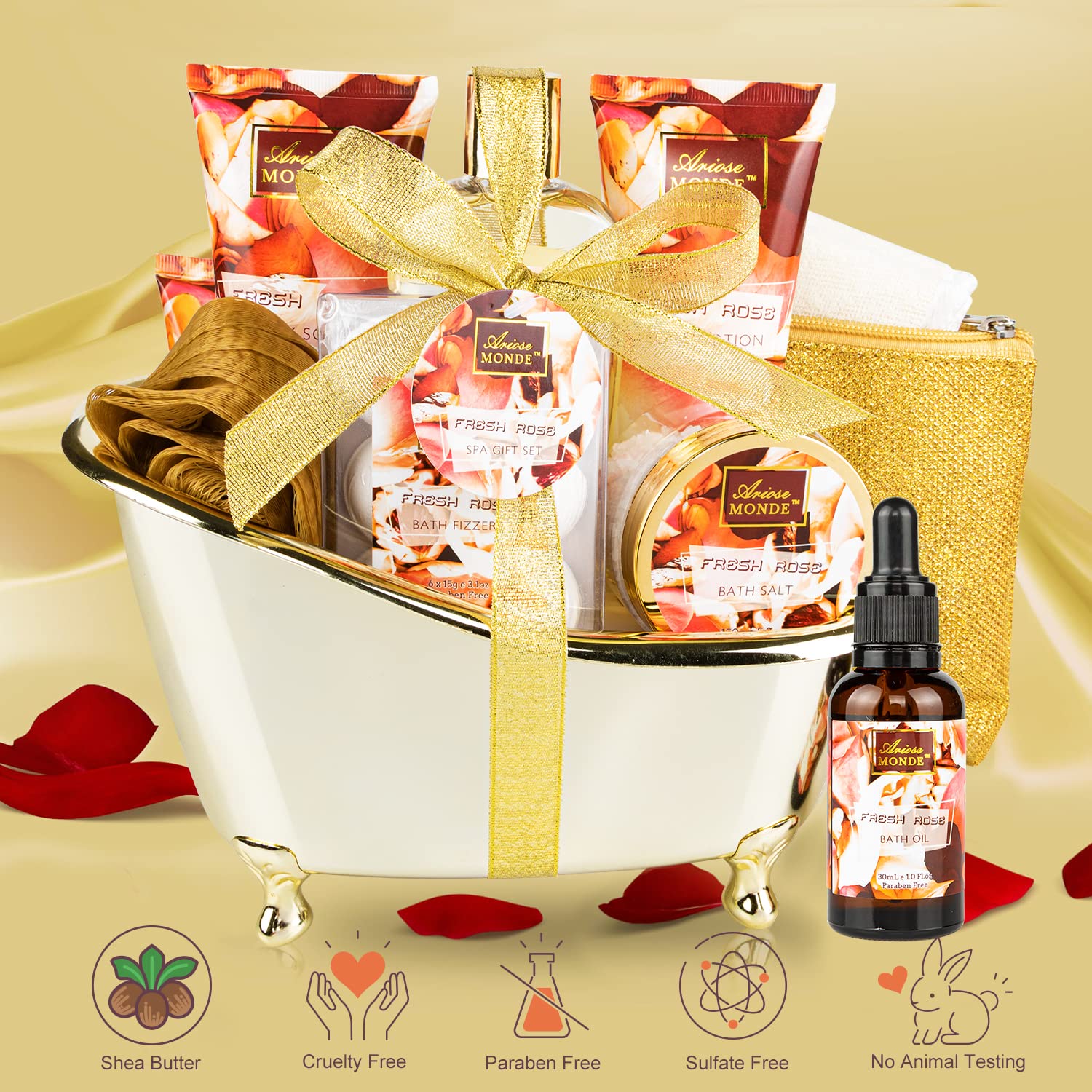 Juego de regalo para baño y cuerpo para mujeres y hombres, 10 cestas de regalo de spa con aroma a rosa fresca, incluye gel de ducha, baño de