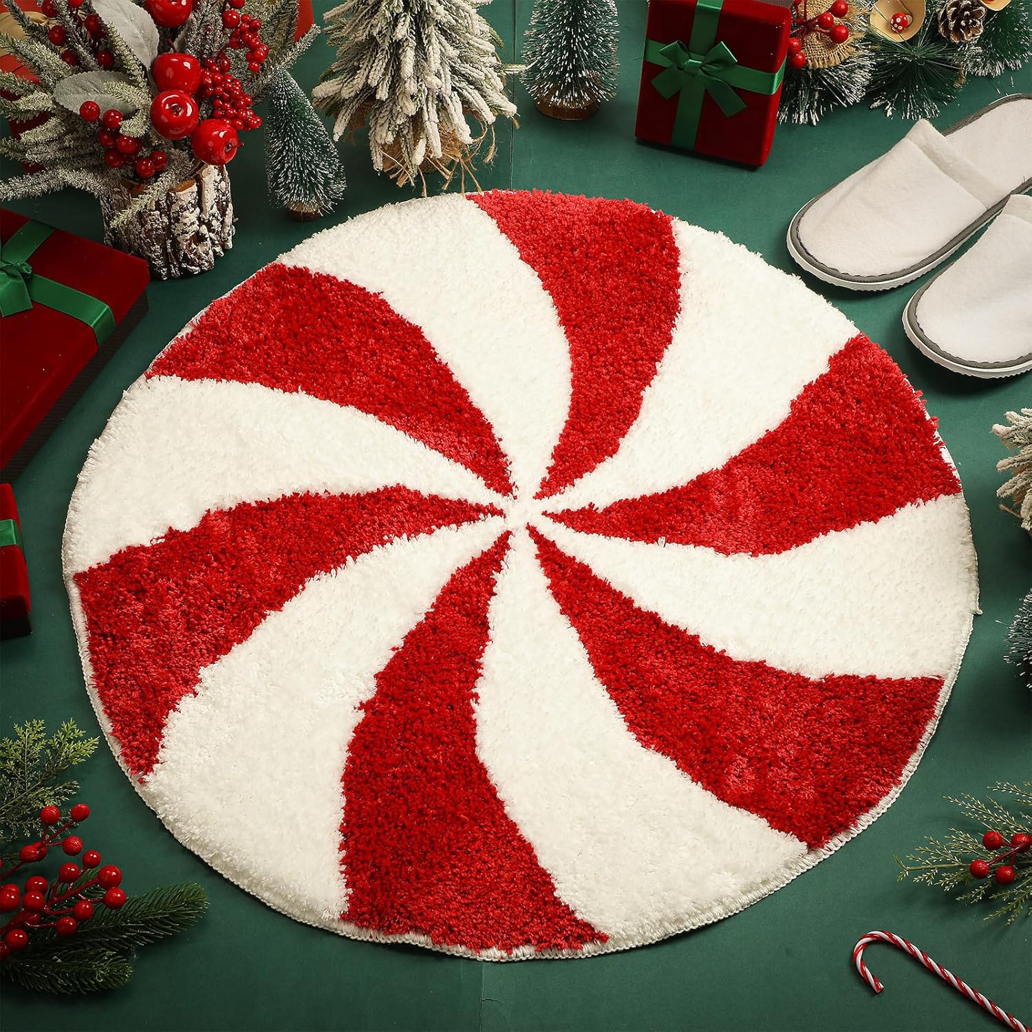 Alfombras de baño de Navidad de 25 pulgadas, lavables, redondas, para invierno, color rojo y blanco, tapete de baño de caramelo, antideslizante,