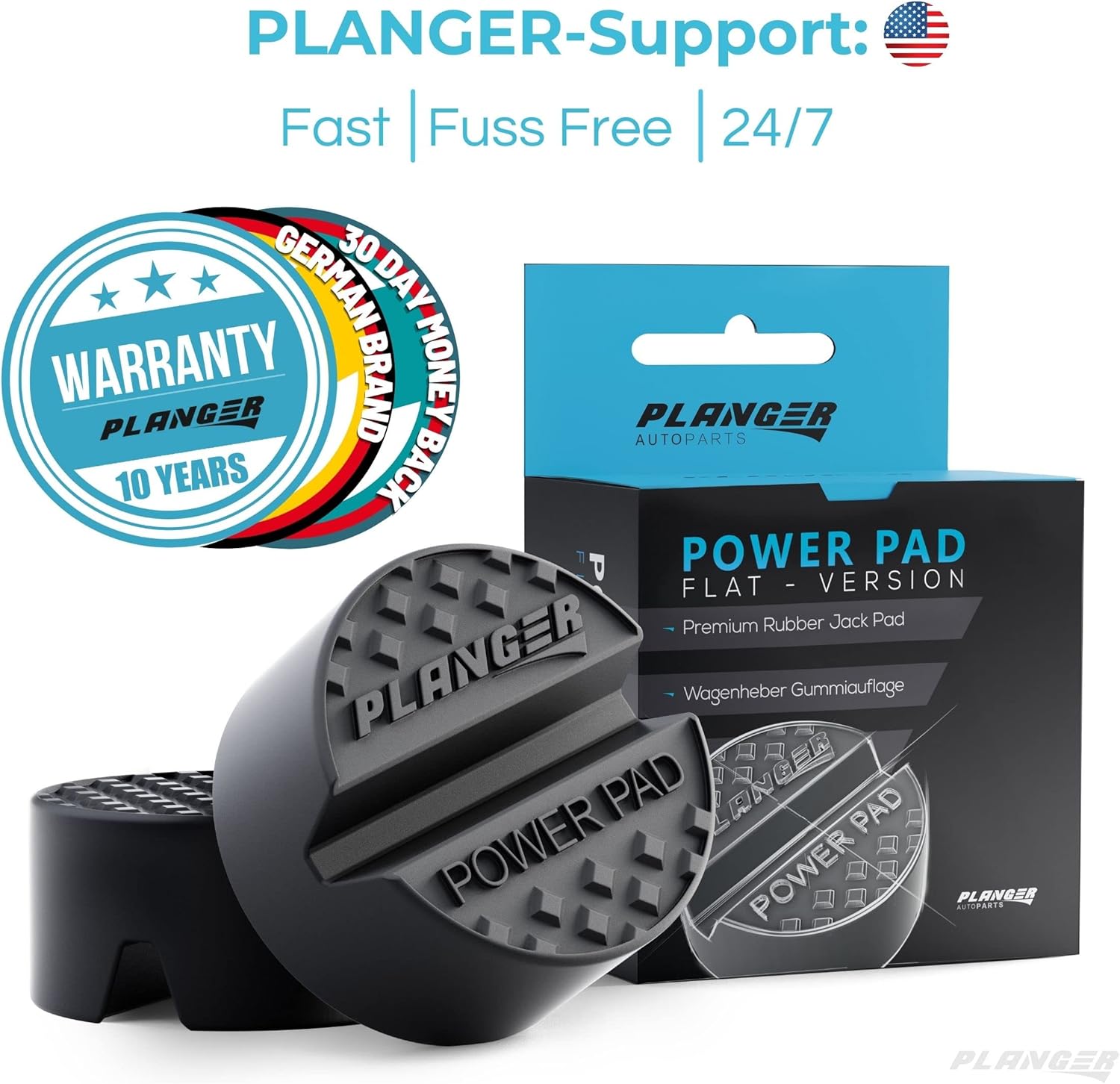 PLANGER – Power PAD Flat – Almohadilla de goma premium para gato de carretilla, elevación de vehículos y soporte de eje – Uso universal – Protege tu
