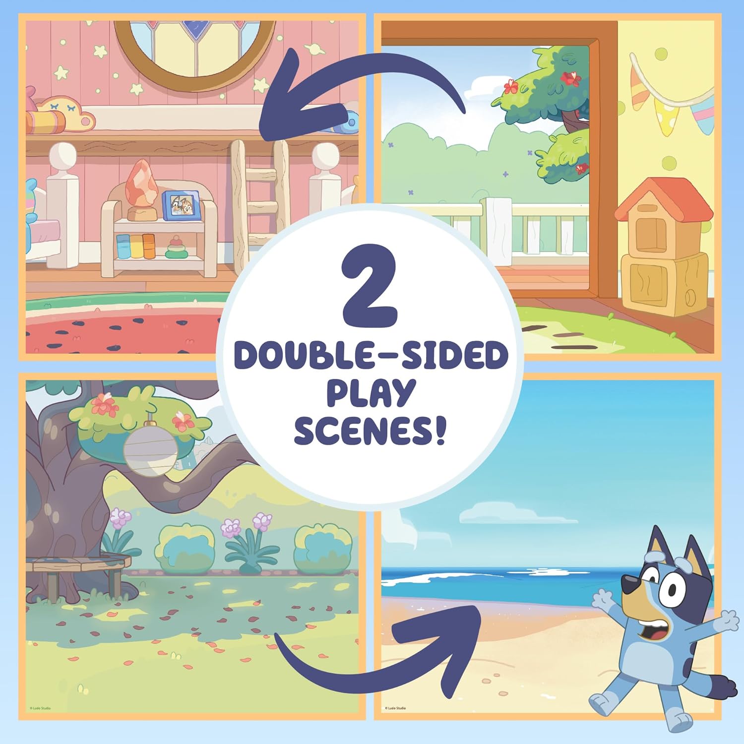 Horizon Group USA Bluey – Casa de juegos magnética de madera, juego de actividades de 18 piezas, incluye 2 casas de muñecas de madera, grandes