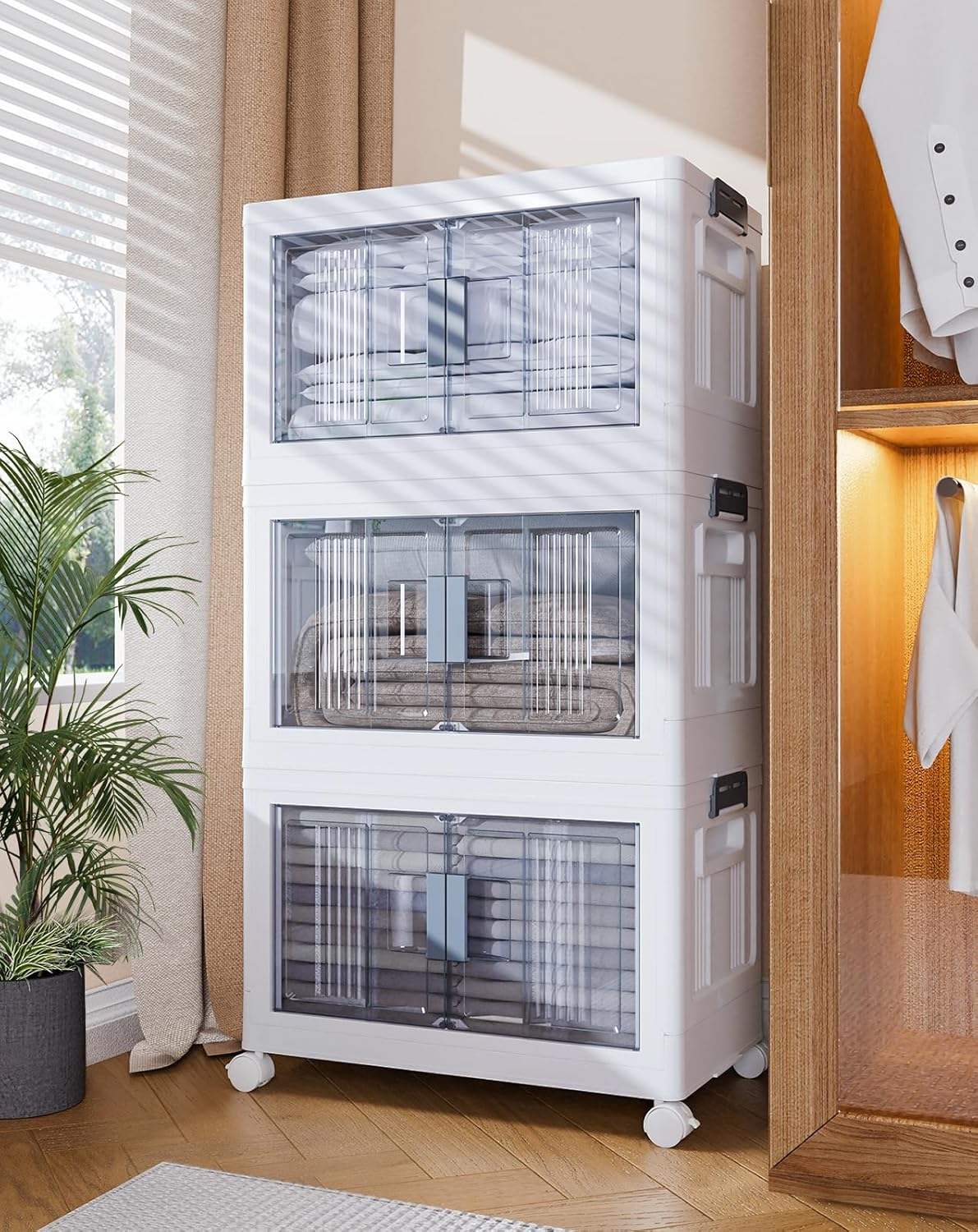 OlarHike Contenedores de almacenamiento de 34 cuartos de galón con tapas, caja de almacenamiento plegable con puertas y ruedas, contenedores de