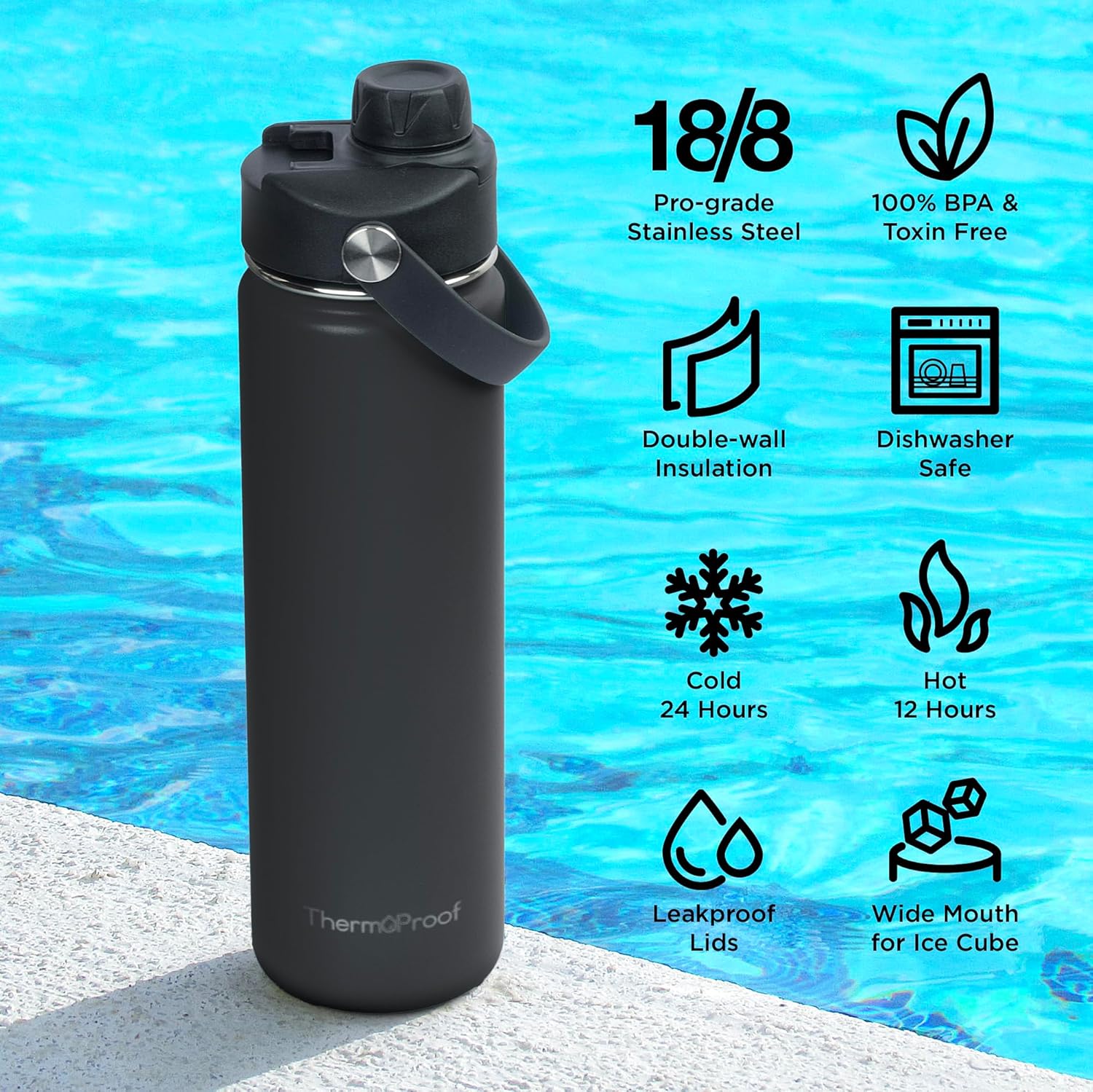 Botella de agua de acero inoxidable con aislamiento térmico y frío, botellas de gimnasio duraderas a prueba de fugas para hombres, mujeres y niños,