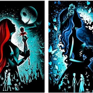 KICHANG Juego de 2 piezas de pintura de diamantes de Halloween 5D para adultos y niños, Pesadilla antes de Navidad, Jack y Sally, pintura de KICHANG Juego de 2 piezas de pintura de diamantes de Halloween 5D para adultos y niños, Pesadilla antes de Navidad, Jack y Sally, pintura de