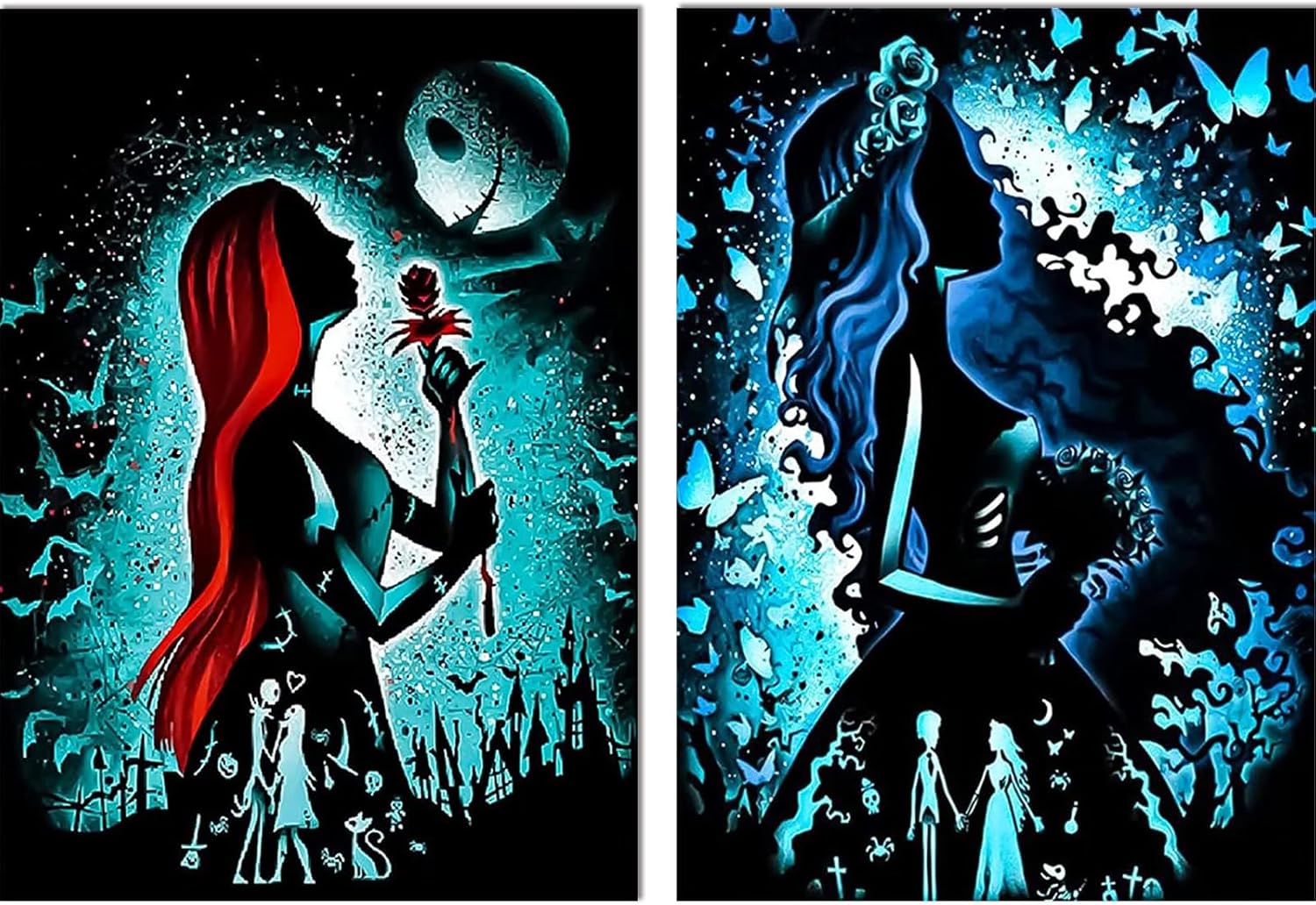 KICHANG Juego de 2 piezas de pintura de diamantes de Halloween 5D para adultos y niños, Pesadilla antes de Navidad, Jack y Sally, pintura de