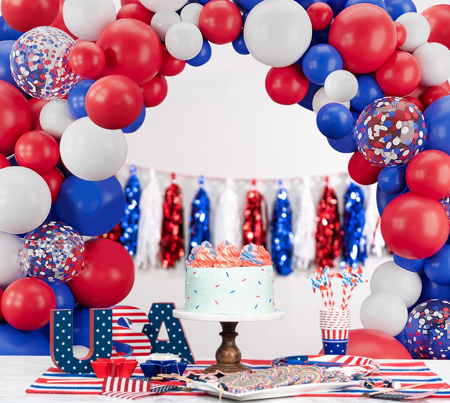Kit de guirnalda de arco de globos rojos, blancos y azules, 143 globos de confeti coloridos para cumpleaños, aniversario, baby shower, compromiso,