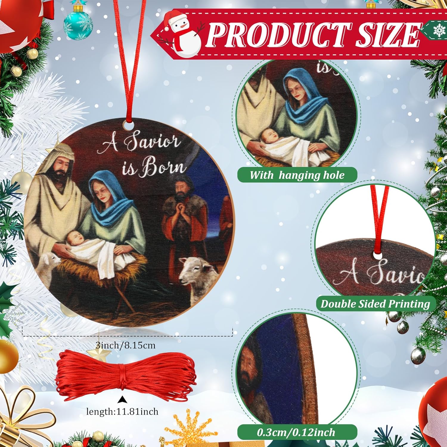 72 piezas de adorno navideño de madera de Jesús, decoración de Navidad cristiana, decoraciones de Navidad religiosas con cuerdas rojas para