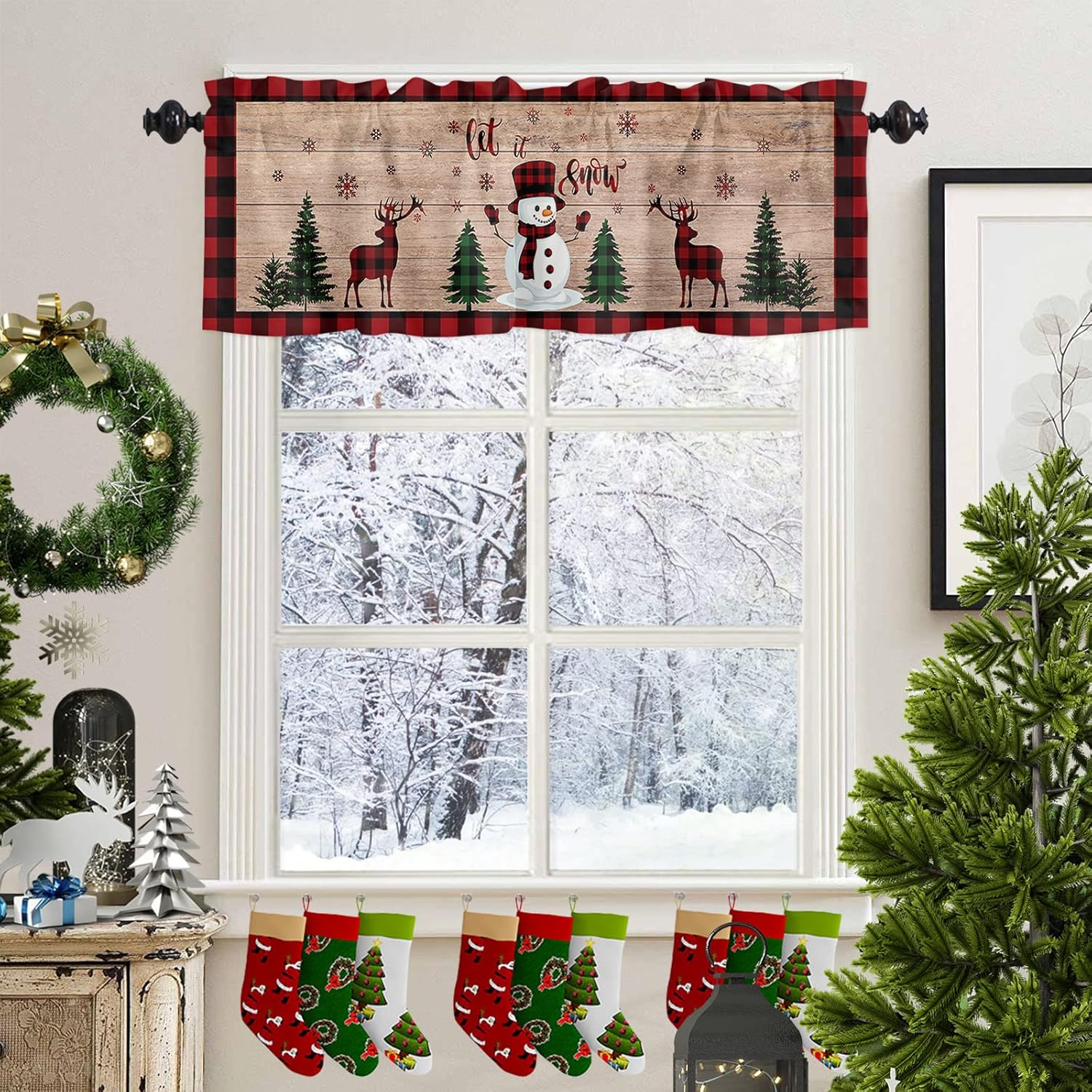 Cenefa de cortina de cocina con diseño de muñeco de nieve de Navidad, cenefa de ventana con bolsillo para barra, 1 panel de cenefas para sala de