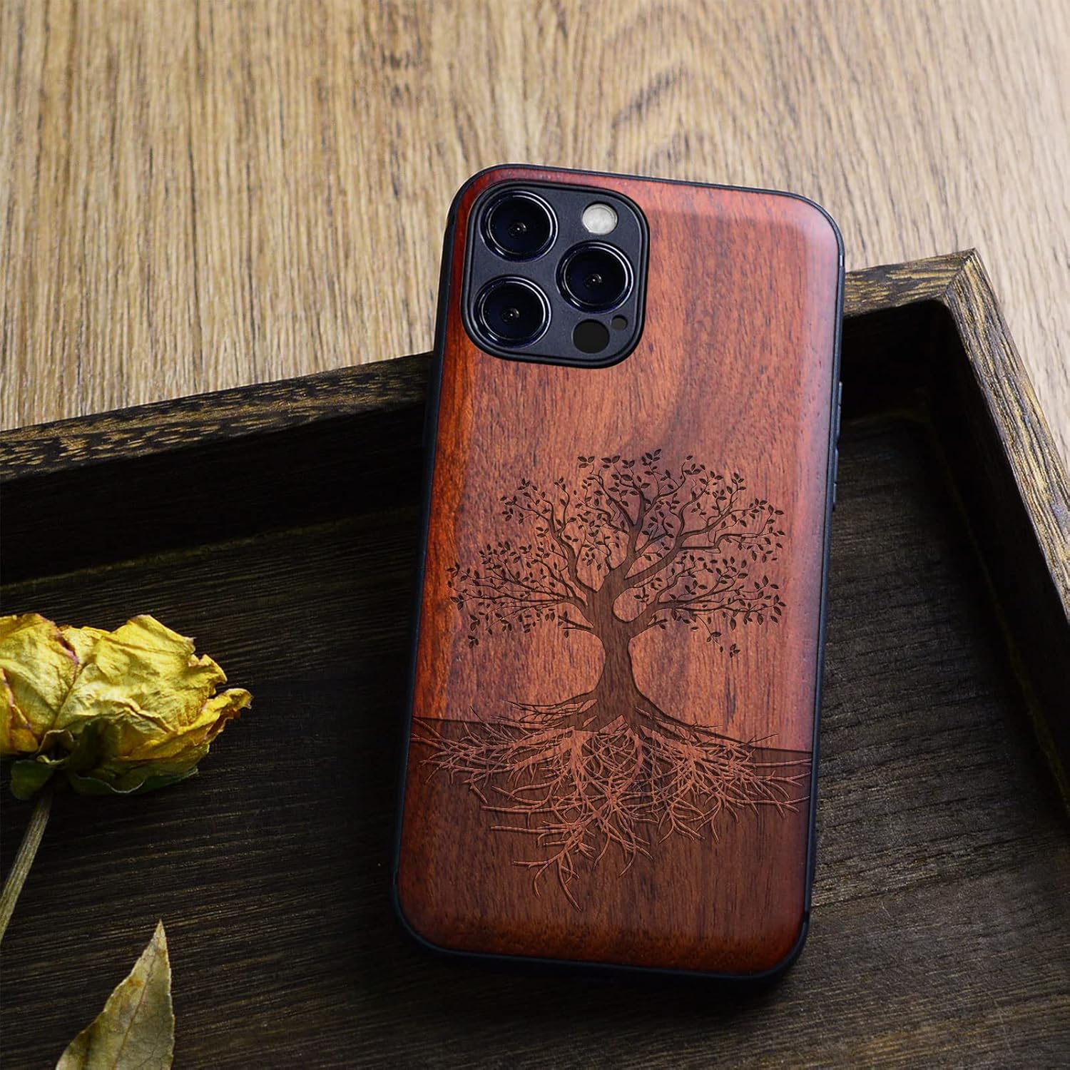 Carveit Funda magnética de madera para iPhone 12 Pro madera real dura y TPU suave negro a prueba de golpes, funda protectora única y elegante de