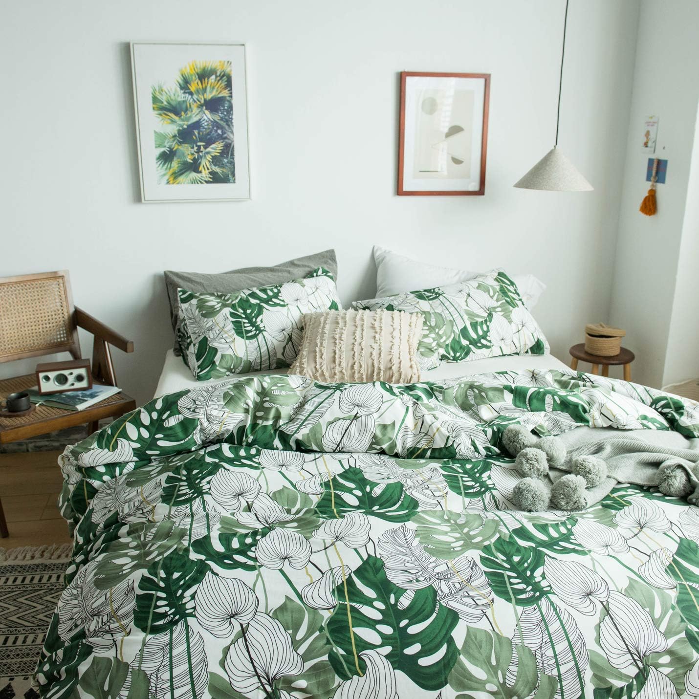 YuHeGuoJi – Juego de cama de 3 piezas, 100% algodón, diseño moderno impreso, 1 funda de edredón con cierre de cremallera y tiras de esquina, 2