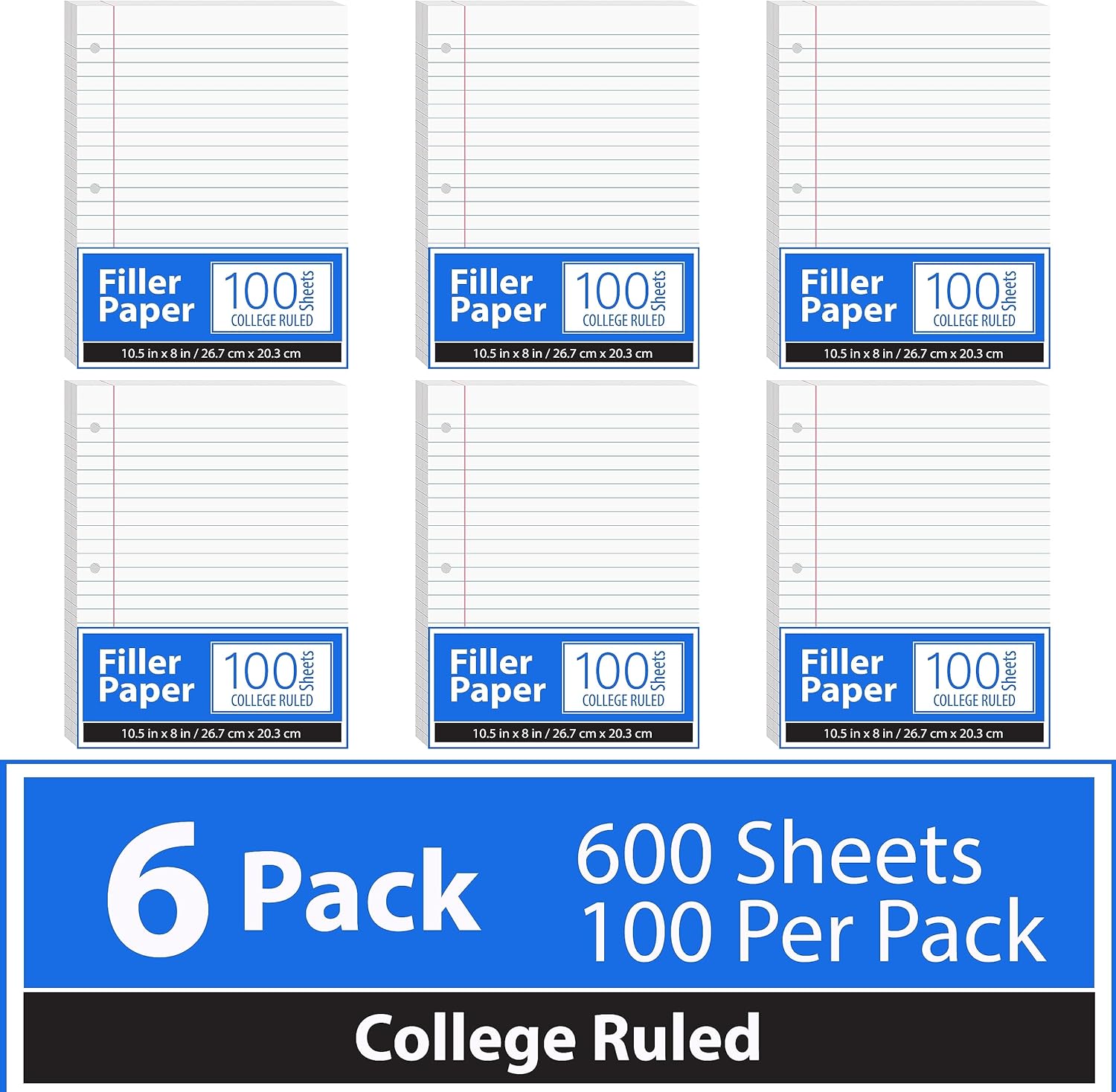 Papel para cuaderno, papel de hojas sueltas (paquete de 6), papel rayado universitario, 10.5 x 8 pulgadas, papel de relleno, 100 hojas por paquete,