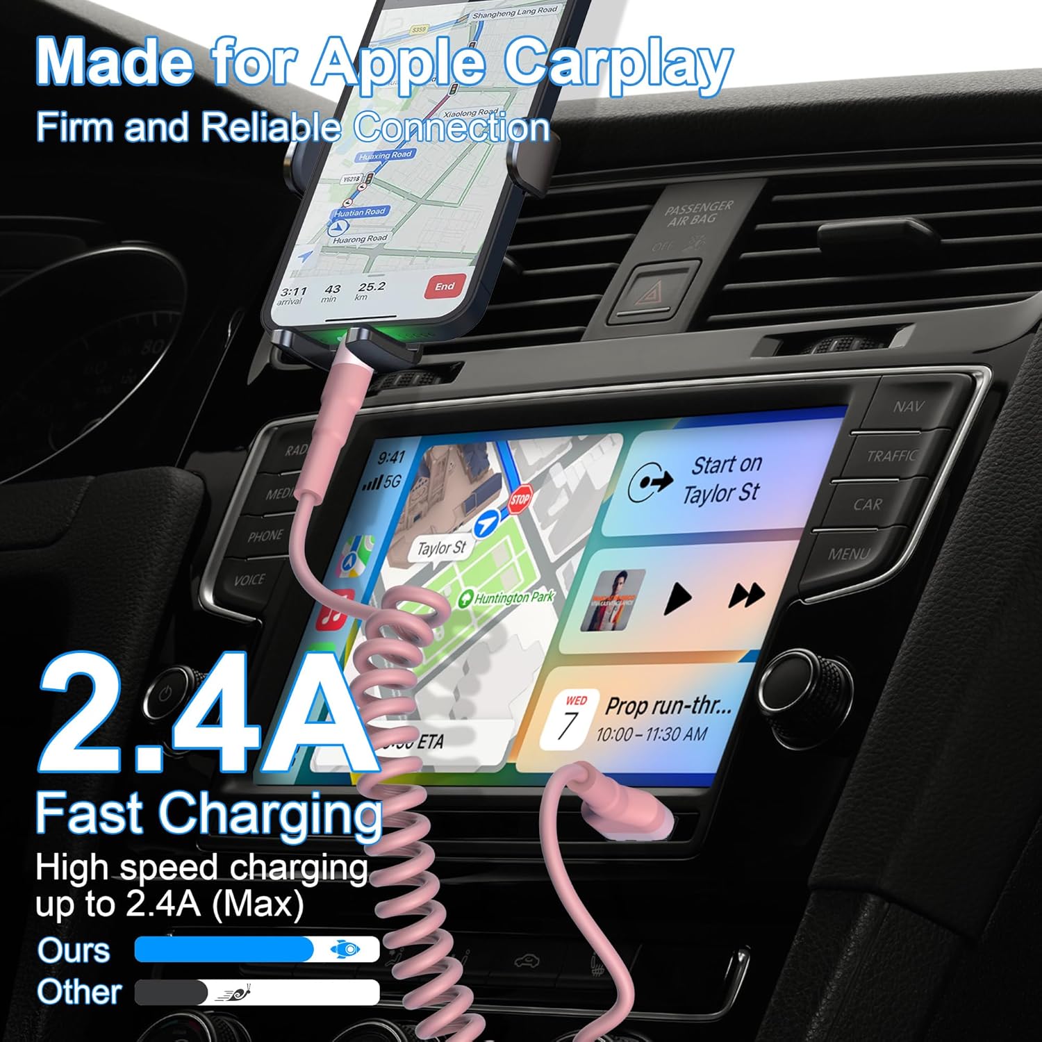 Cable Lightning en espiral para Apple Carplay, paquete de 2 cables de carga de iPhone para automóvil, certificado Apple MFi, cargador retráctil para
