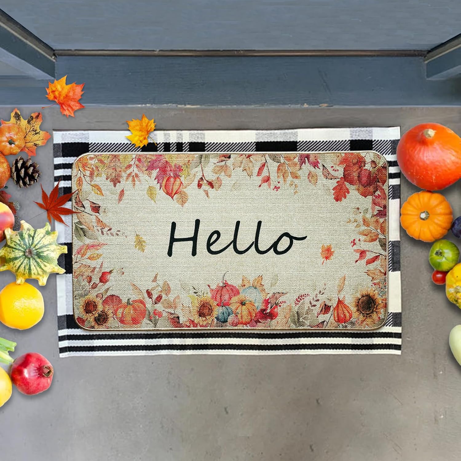 Voanos Tapete de puerta con diseño de otoño con diseño de hojas de arce y calabazas, tapete de goma antideslizante para interiores y exteriores, 17