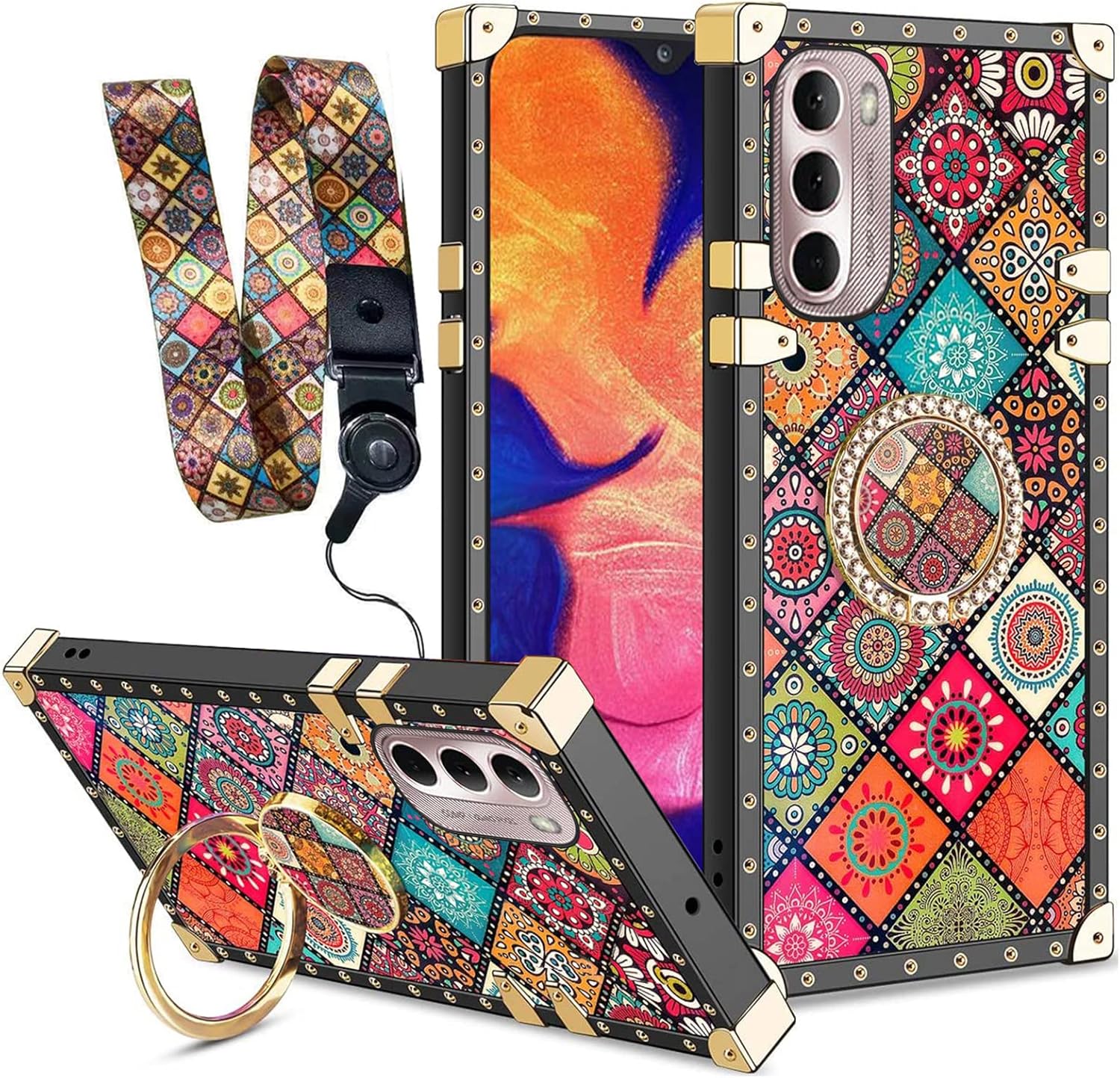 nancheng Funda cuadrada para Motorola Moto G Stylus 4G 2022 con anillo para niñas y mujeres, con correa de soporte, diseño de flores de mandala,