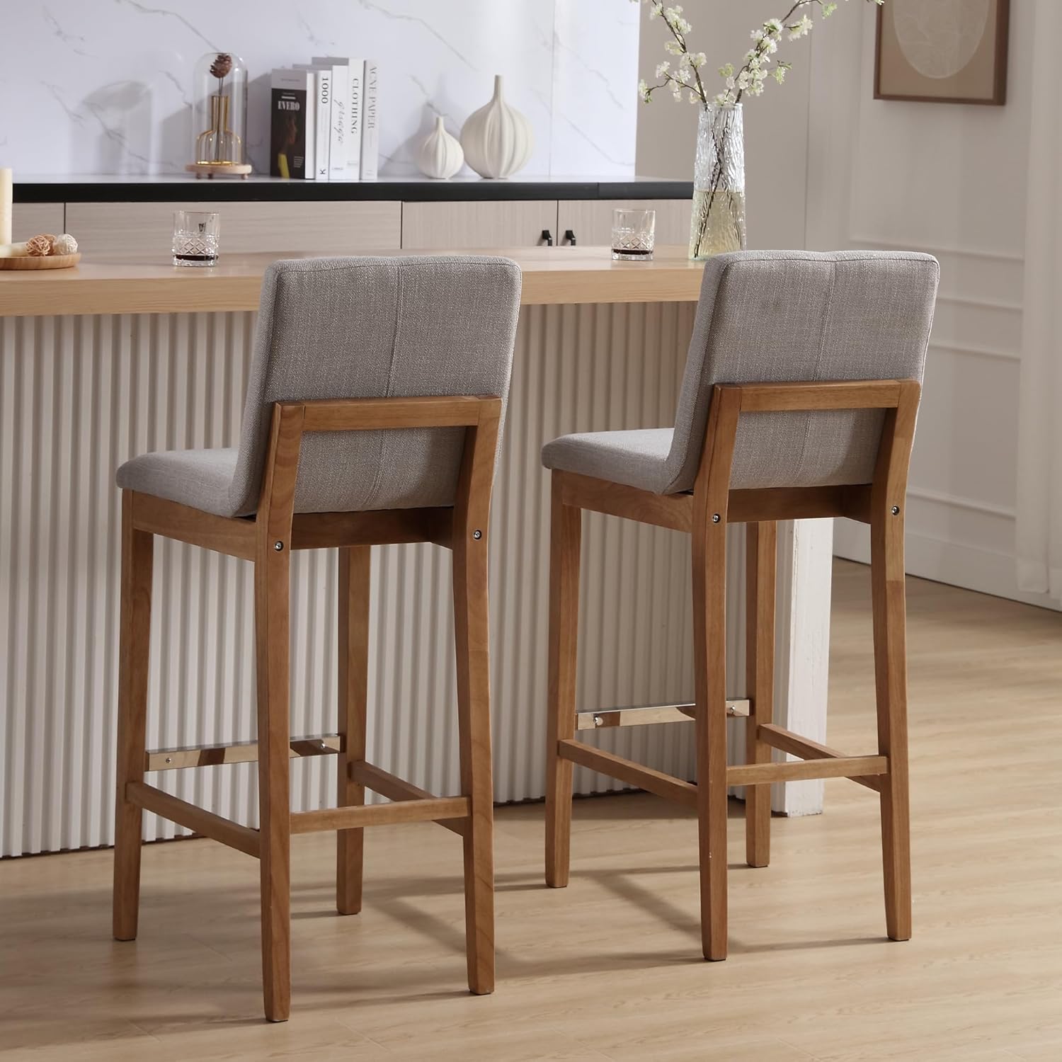 chairus Juego de 2 taburetes de bar altos de tela, taburetes de bar tapizados de lino con patas de madera maciza y respaldo para cocina, isla de