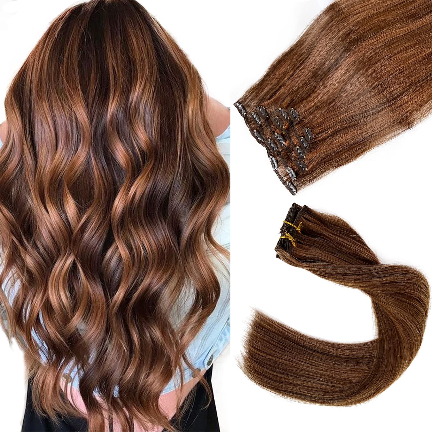 Extensiones de cabello humano con clip, 7 piezas, 2.4onzas, 15, 18, 20, 22 pulgadas, sedoso y liso, con tramas, sin costuras, para extensiones de