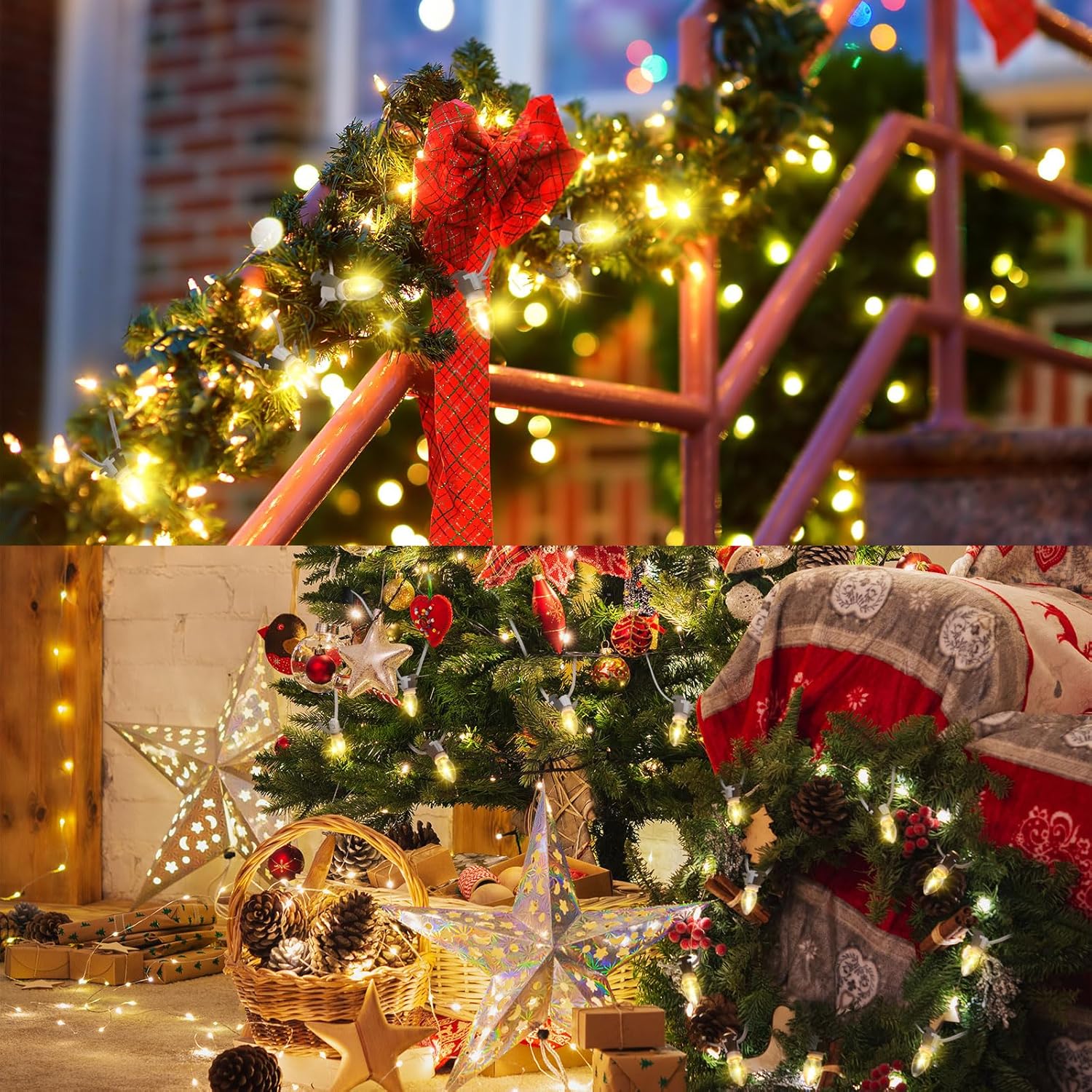 8 piezas de cable de accesorios con 5 bombillas LED de luz nocturna de aldea de Navidad, bombillas C7, enchufe de bombilla de 9 pies para decoración