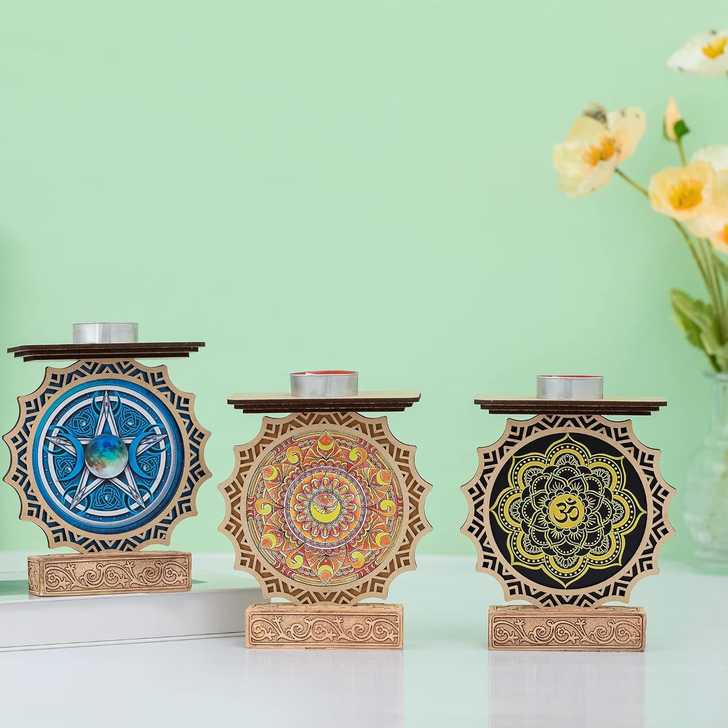 3 portavelas de madera, candelabros de chakra, portavelas de luz de té, portavelas votivas para yoga, meditación, comedor, festival, fiesta,