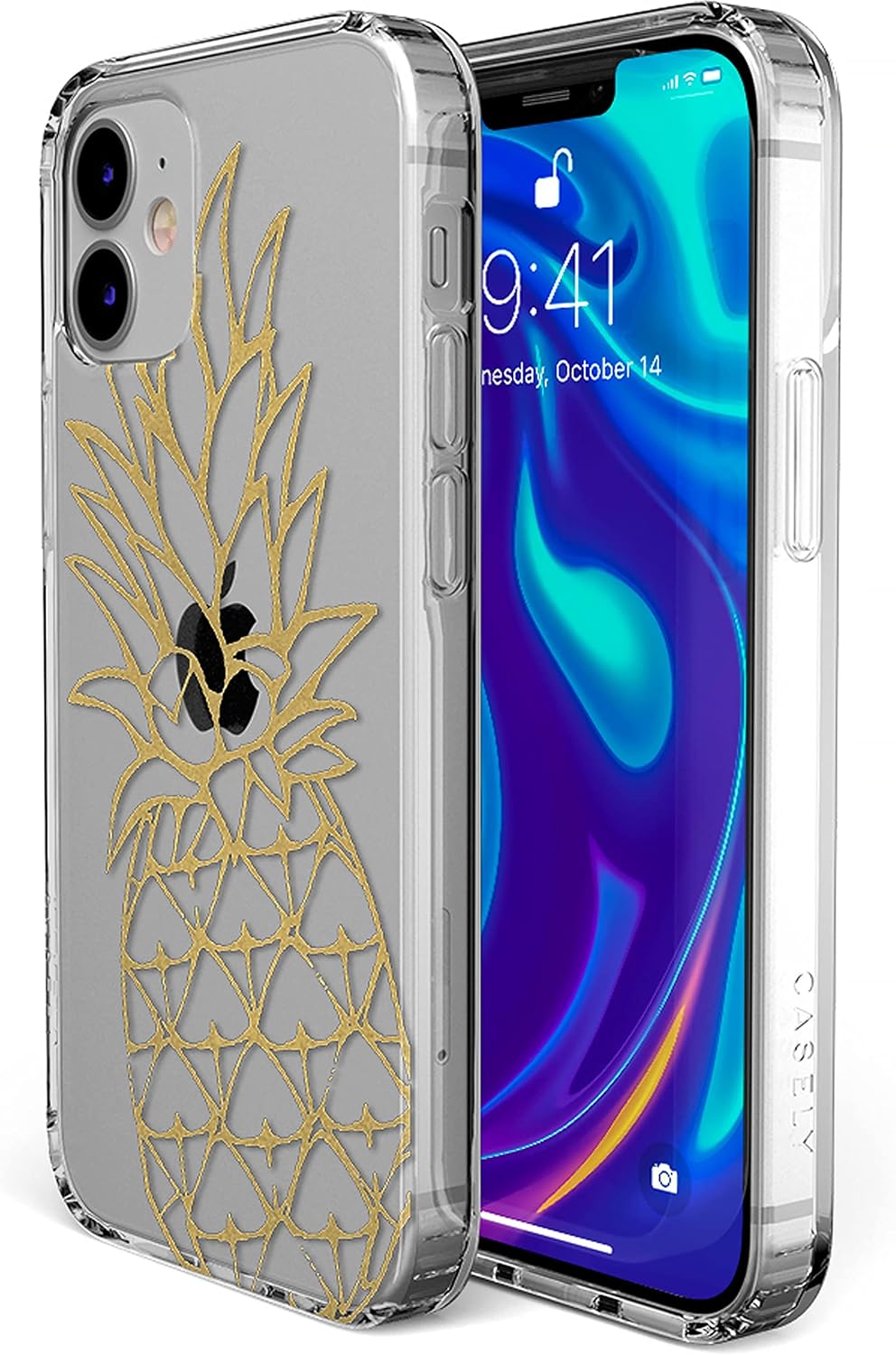 Casely Funda para iPhone 11  Carcasa rígida transparente de piña dorada brillante