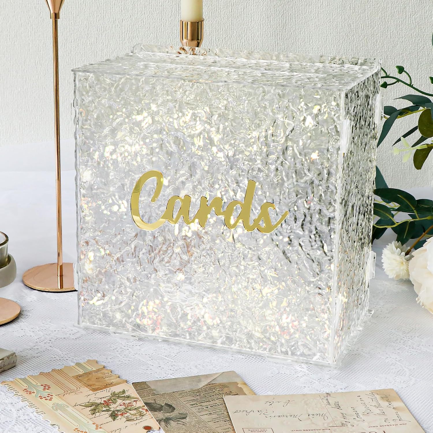 OurWarm Caja de tarjetas de boda de acrílico con cadena de luz, caja de tarjeta de regalo grande para recepción de boda, ondulación de agua, sobre